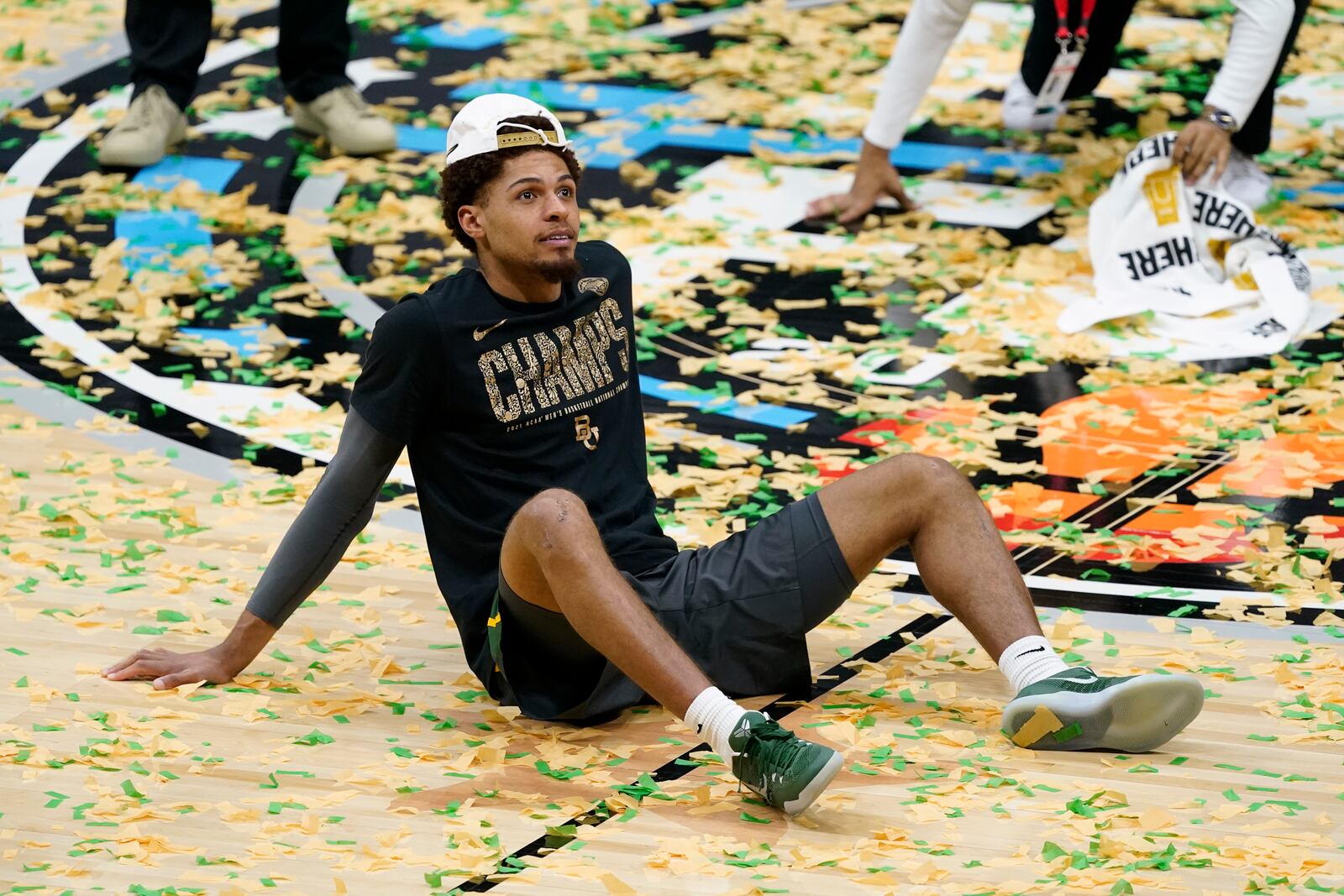 Baylor guard MaCio Teague celebrates on the court after the championship game against Gonzaga in the men's Final Four NCAA college basketball tournament, Monday, April 5, 2021, at Lucas Oil Stadium in Indianapolis. Baylor won 86-70. (AP Photo/Darron Cummings)