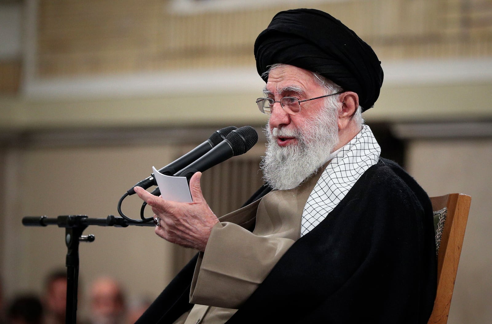 In this photo released by the official website of the office of the Iranian supreme leader, Supreme Leader Ayatollah Ali Khamenei speaks during a meeting with students, in Tehran, Iran, Wednesday, March 12, 2025. (Office of the Iranian Supreme Leader via AP)