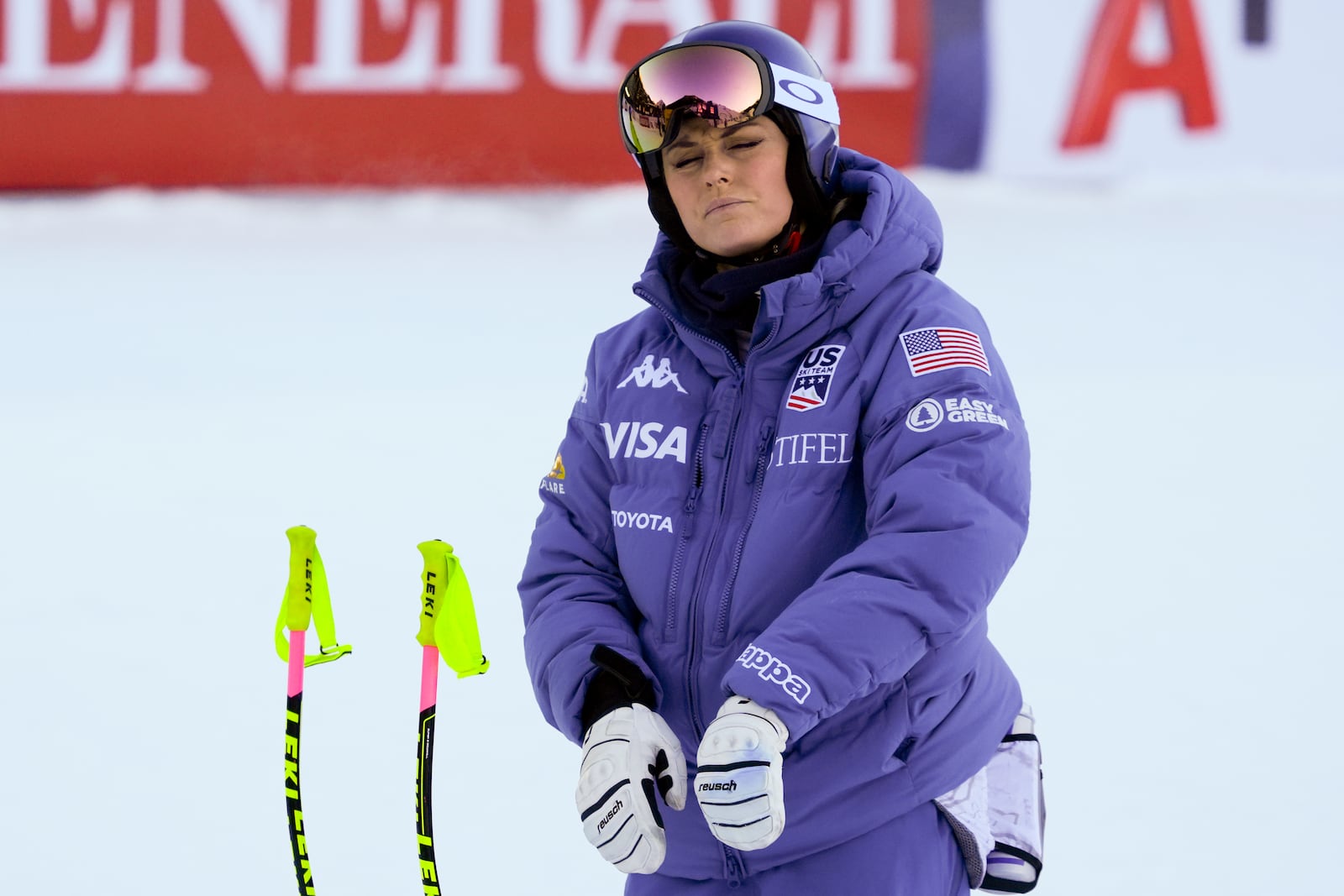 United States' Lindsey Vonn goes through the course in her mind ahead of a women's Super-G, at the Alpine Ski World Championships, in Saalbach-Hinterglemm, Austria, Thursday, Feb. 6, 2025. (AP Photo/Giovanni Auletta)