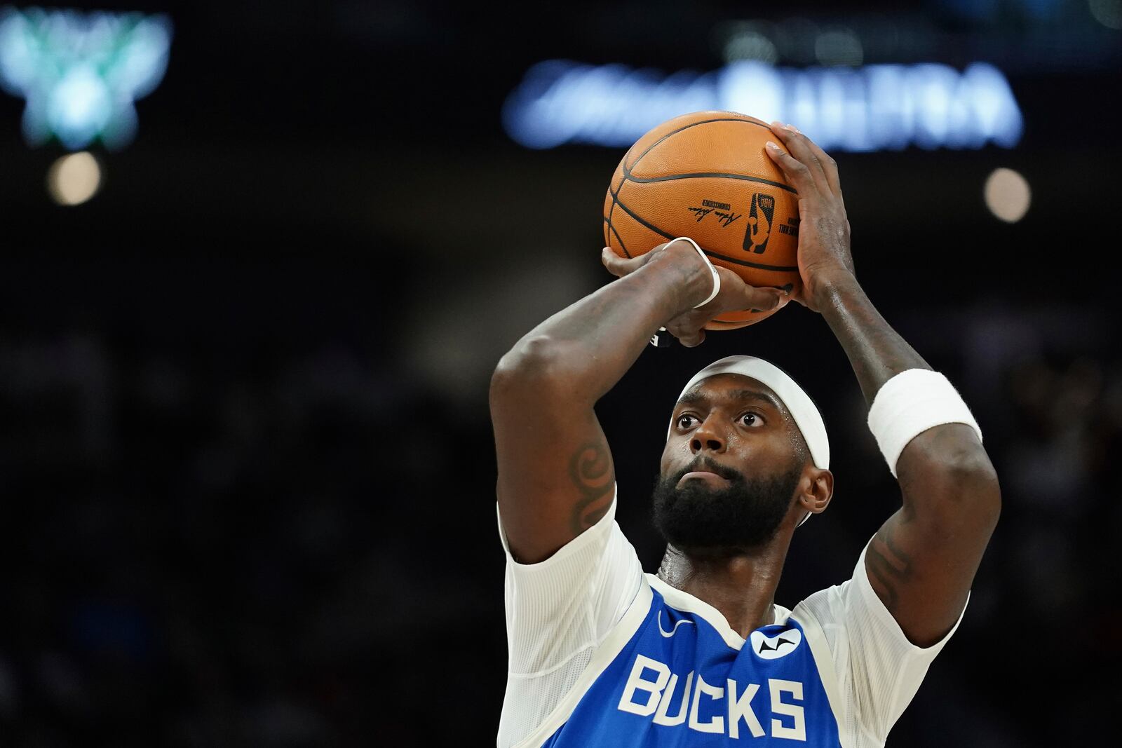 FILE - Milwaukee Bucks' Bobby Portis shoots a free throw during the second half of an NBA basketball game against the Atlanta Hawks, Wednesday, Dec. 4, 2024, in Milwaukee. (AP Photo/Aaron Gash, File)