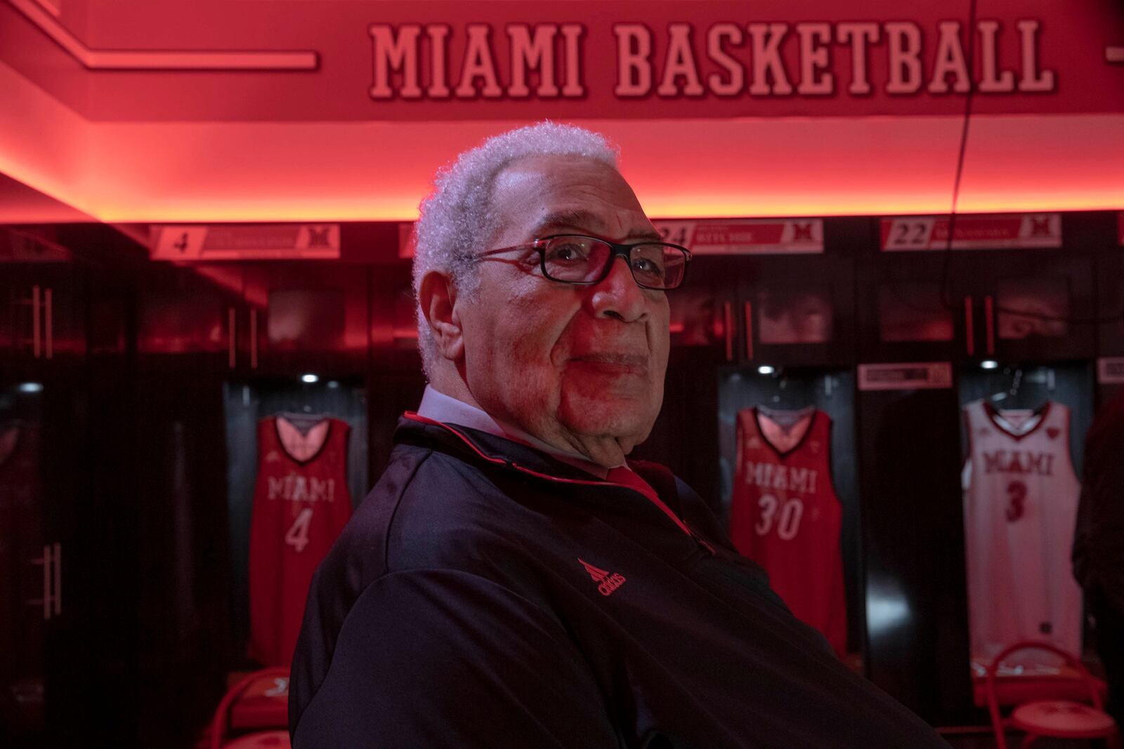 A Naismith Basketball Hall of Famer, Wayne Embry – a Miami University basketball legend who grew up on a farm outside of Springfield and graduated from Tecumseh High, became an NBA All-Star center and an NBA front office pioneer who was the league’s first African American general manager and team president and now, as a Toronto Raptors advisor, is in his 63rd season of involvement with the league – sits in the Miami RedHawks dressing room at Millett Hall. On May 18th, in Oxford, he and his late wife Terri, who was from Dayton, will be given the prestigious Freedom Summer of ‘64 award for their lifelong commitment to civil rights and social justice. That same day a statue of Embry shooting his legendary hook shot will be unveiled in front of Millett Hall and a scholarship in Embry’s name will be announced. Jeff Sabo/Miami University