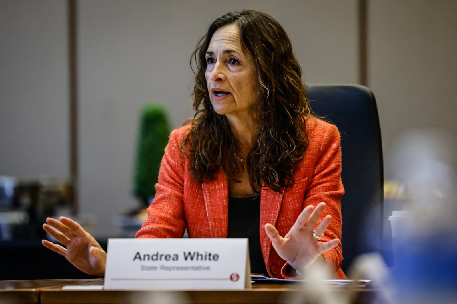 Ohio rep. Andrea White patriciates in a roundtable discussion about keeping home-grown talent and rebuilding the workforce at SInclair Community College Tuesday August 29, 2023.  JIM NOELKER/STAFF