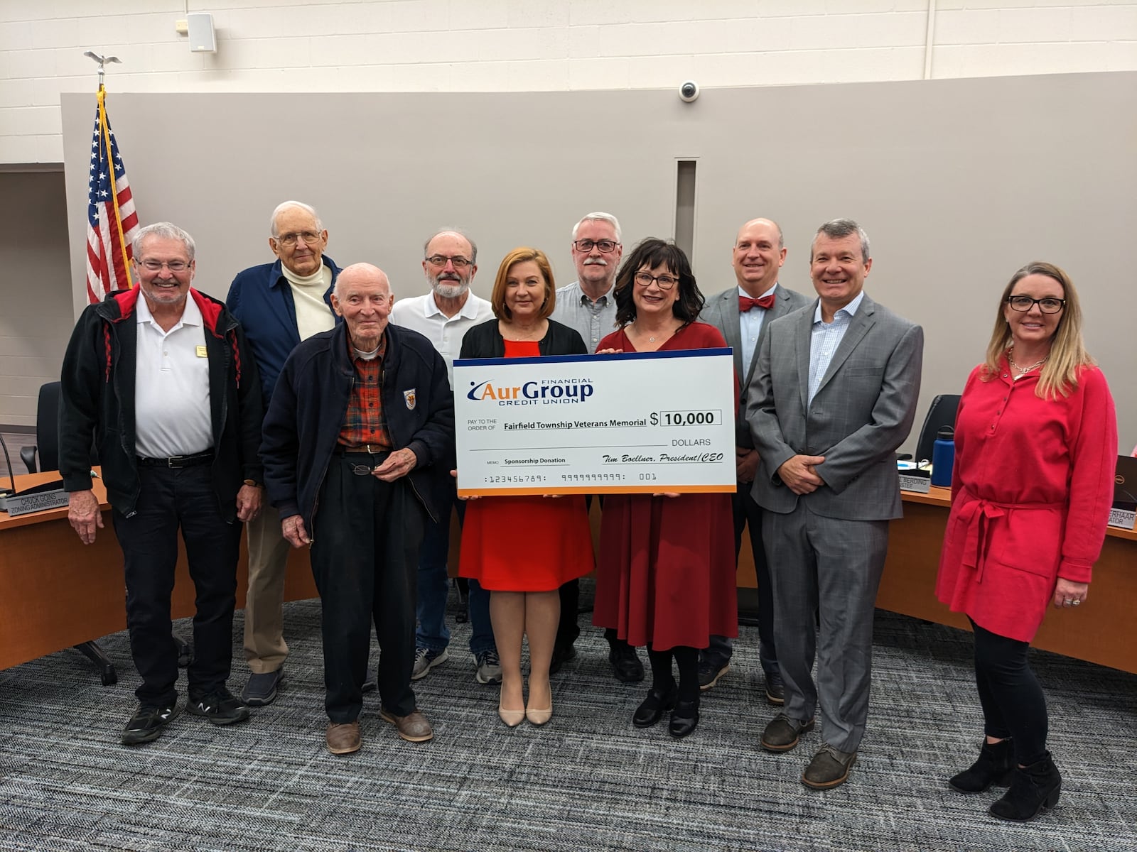 There was the "formal" check presentation for the Fairfield Twp. Veterans Memorial Fund to the Fairfield/Hamilton Community Foundation on Feb. 14. Representing the Aurgroup Credit Union are Tim Boellner, President/CEO; and Angela Lambert, Chief Community Development Officer. Accepting the $10,000 sponsorship level check is Katie Braswell, Vice President of the Fairfield/Hamilton Community Foundation. Representing the Fairfield Twp. Veterans Memorial Committee are Fred Valerius, Committee Spokesperson; Frank Montgomery, U.S. Air Force veteran, Fred Fitzsimmons, U.S. Army veteran; and Barney Landry, West Point graduate and U.S. Air Force veteran and 2021 Butler County Veteran of the Year. They were joined by Fairfield Twp. Trustees, Michael Berding, President; Shannon Hartkemeyer, Vice President; and Joe McAbee, member and major sponsor of the memorial. CONTRIBUTED