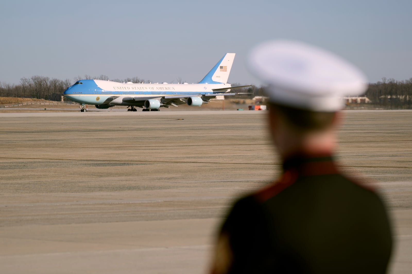 Air Force One, with President Donald Trump on board, departs Joint Base Andrews, Md., Friday, Feb. 14, 2025, en route to West Palm Beach, Fla. (AP Photo/Ben Curtis)