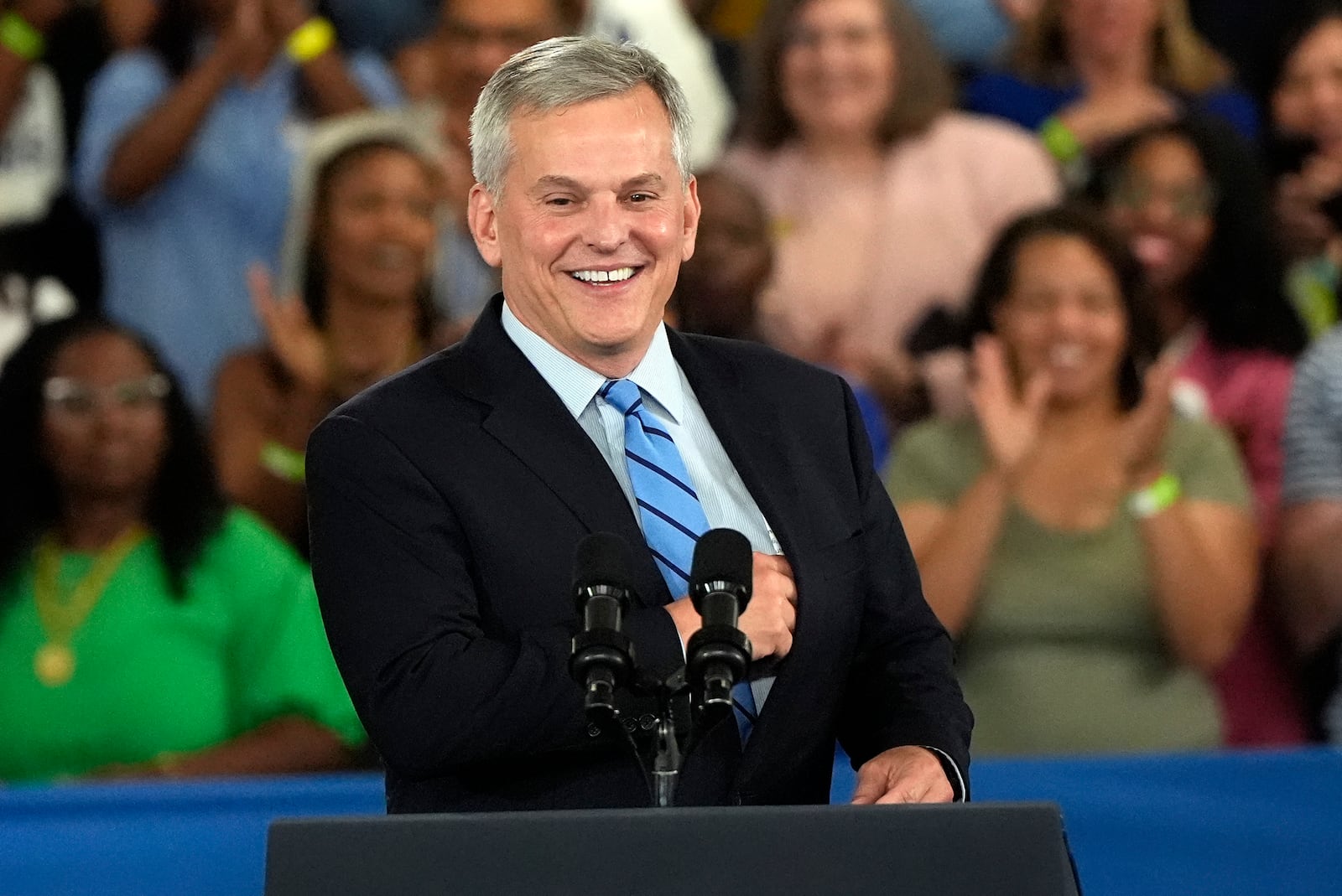 FILE - Gubernatorial candidate North Carolina Attorney General Josh Stein speaks before Democratic presidential nominee Vice President Kamala Harris at Hendrick Center for Automotive Excellence at Wake Tech Community College in Raleigh, N.C., Aug. 16, 2024. (AP Photo/Mike Stewart, File)