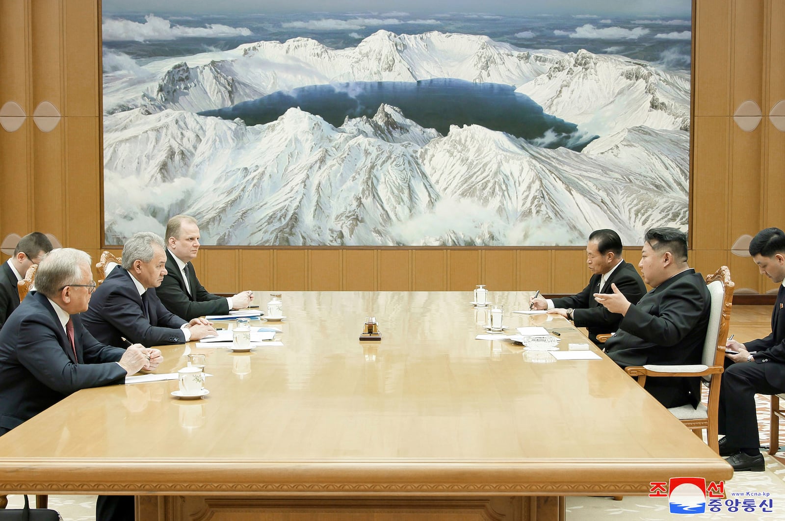 In this this photo provided by the North Korean government, Russia's Security Council Secretary, Sergey Shoigu, left, and North Korean leader Kim Jong Un hold a talk in Pyongyang, North Korea Friday, March 21, 2025. Independent journalists were not given access to cover the event depicted in this image distributed by the North Korean government. The content of this image is as provided and cannot be independently verified. Korean language watermark on image as provided by source reads: "KCNA" which is the abbreviation for Korean Central News Agency. (Korean Central News Agency/Korea News Service via AP)