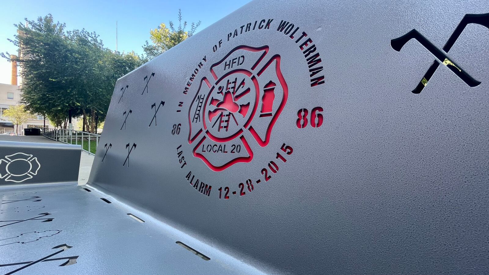 Darana Hybrid, of Belle Avenue in Hamilton, restored the bench made by a Boy Scout for his Eagle Scout project in 2017 in honor of fallen Hamilton fire fighter Patrick Wolterman after it showed signs of age and weathering. The company put a new powder coat on the metal bench that sits in Rotary Park in downtown Hamilton. Darana Hybrid performed the work pro bono. Wolterman died while fighting a house fire in December 2015. He was 28 years old. MICHAEL D PITMAN/STAFF 