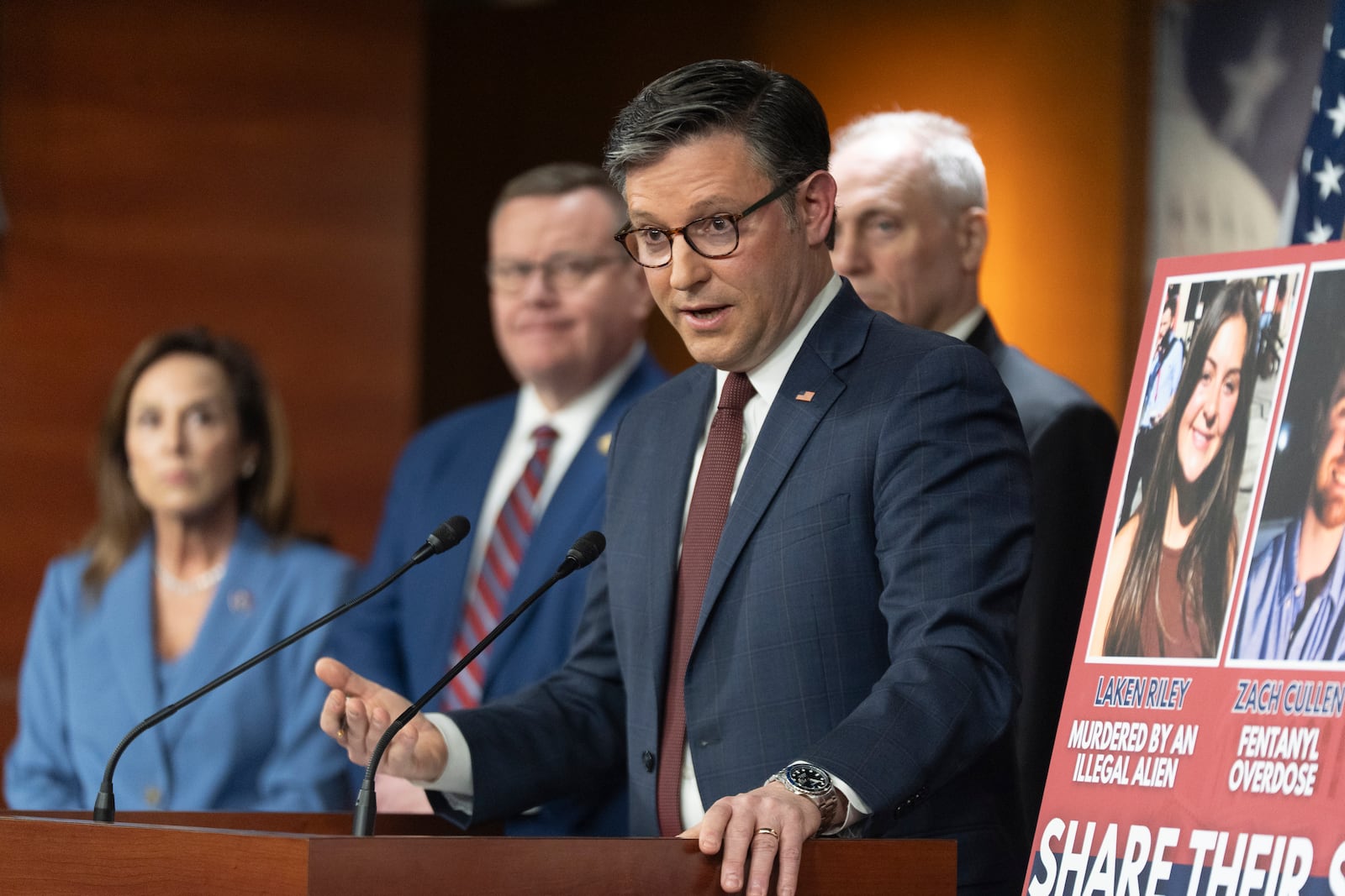 Speaker of the House Mike Johnson, of La., with House Republican Conference Chairwoman Lisa McClain, from left, Rep. Tim Moore, R-N.C. and House Majority Leader Steve Scalise, of La., speaks during a news conference at the Capitol, Tuesday, Feb. 25, 2025, in Washington. (AP Photo/Manuel Balce Ceneta)