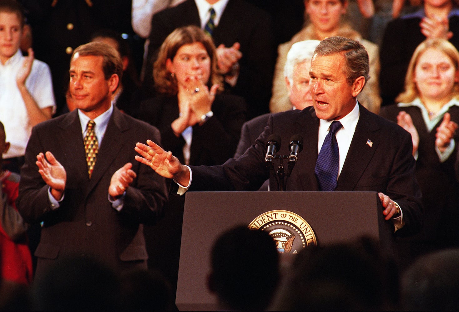 President George W. Bush signing No Child Left Behind Act at Hamilton High School Jan. 8, 2002.