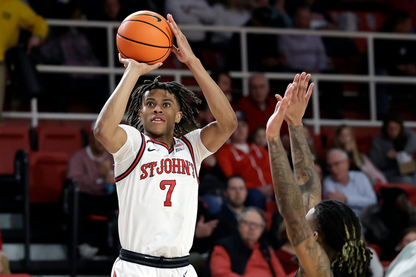 St. John's guard Simeon Wilcher shoots during the second half of an NCAA college basketball game against Wagner Wednesday, Nov. 13, 2024, in New York. St. John's won 66-45. (AP Photo/Adam Hunger)