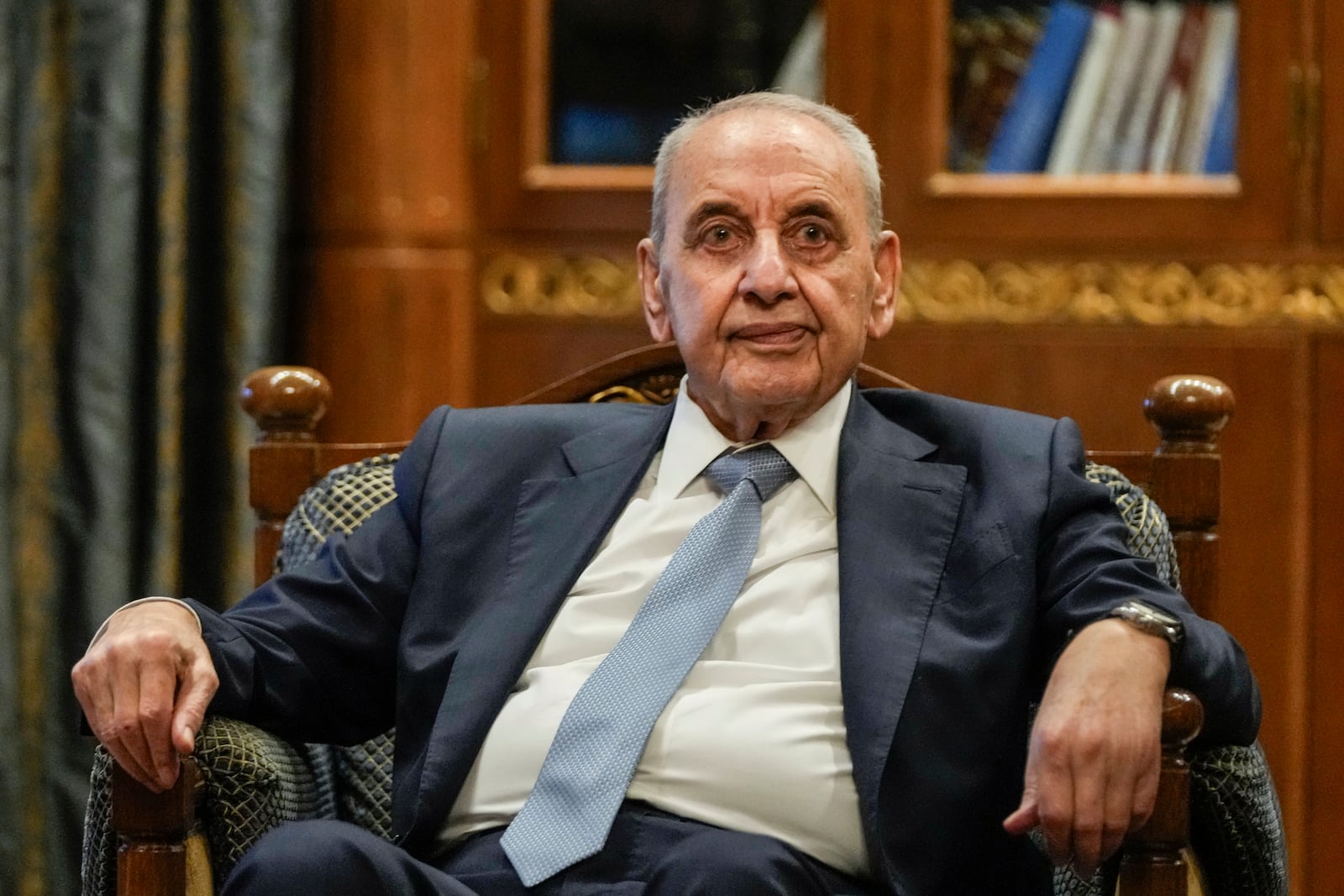 Lebanese Parliament speaker Nabih Berri during his meeting with European Union foreign policy chief Josep Borrell, in Beirut, Lebanon, Sunday, Nov. 24, 2024. (AP Photo/Hassan Ammar)