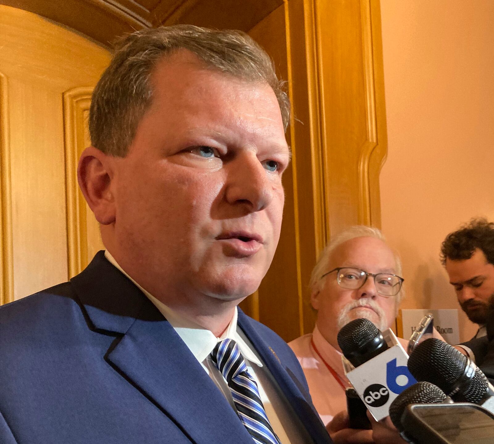 Republican Ohio House Speaker Jason Stephens speaks to reporters at the Ohio Statehouse in Columbus, Ohio, after a vote Tuesday, May 9, 2023, to send a proposal that would make it more difficult to amend the state's constitution to a Wednesday floor vote. (AP Photo/Julie Carr Smyth)