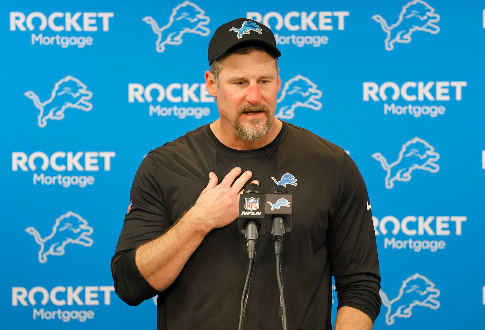 Detroit Lions head coach Dan Campbell speaks at a news conference after an NFL football game against the Buffalo Bills, Sunday, Dec. 15, 2024, in Detroit. (AP Photo/Duane Burleson)