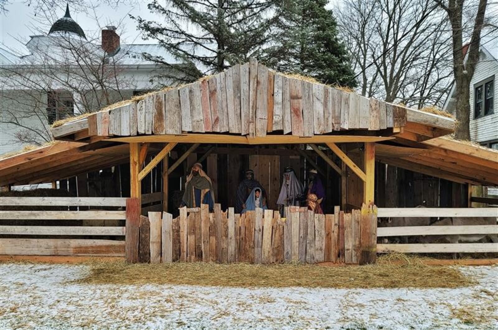 For about 50 years there has been a nativity scene made of wax figures on the lawn of Paul R. Young Funeral Home, 3950 Pleasant Ave. in Hamilton. The scene features seven characters: Joseph, Mary, Baby Jesus, three Wise Men and one shepherd. NICK GRAHAM / STAFF