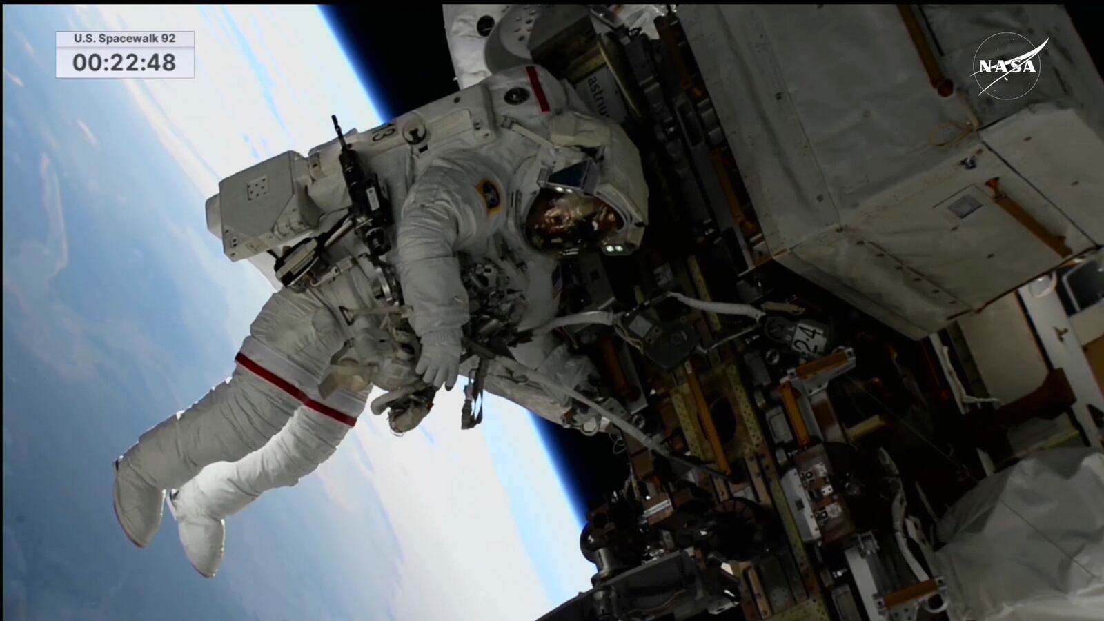 In this image, made from NASA TV, US astronaut Suni Williams works outside the International Space Station during a spacewalk, Thursday, Jan. 30, 2025. (AP Photo/NASA TV)