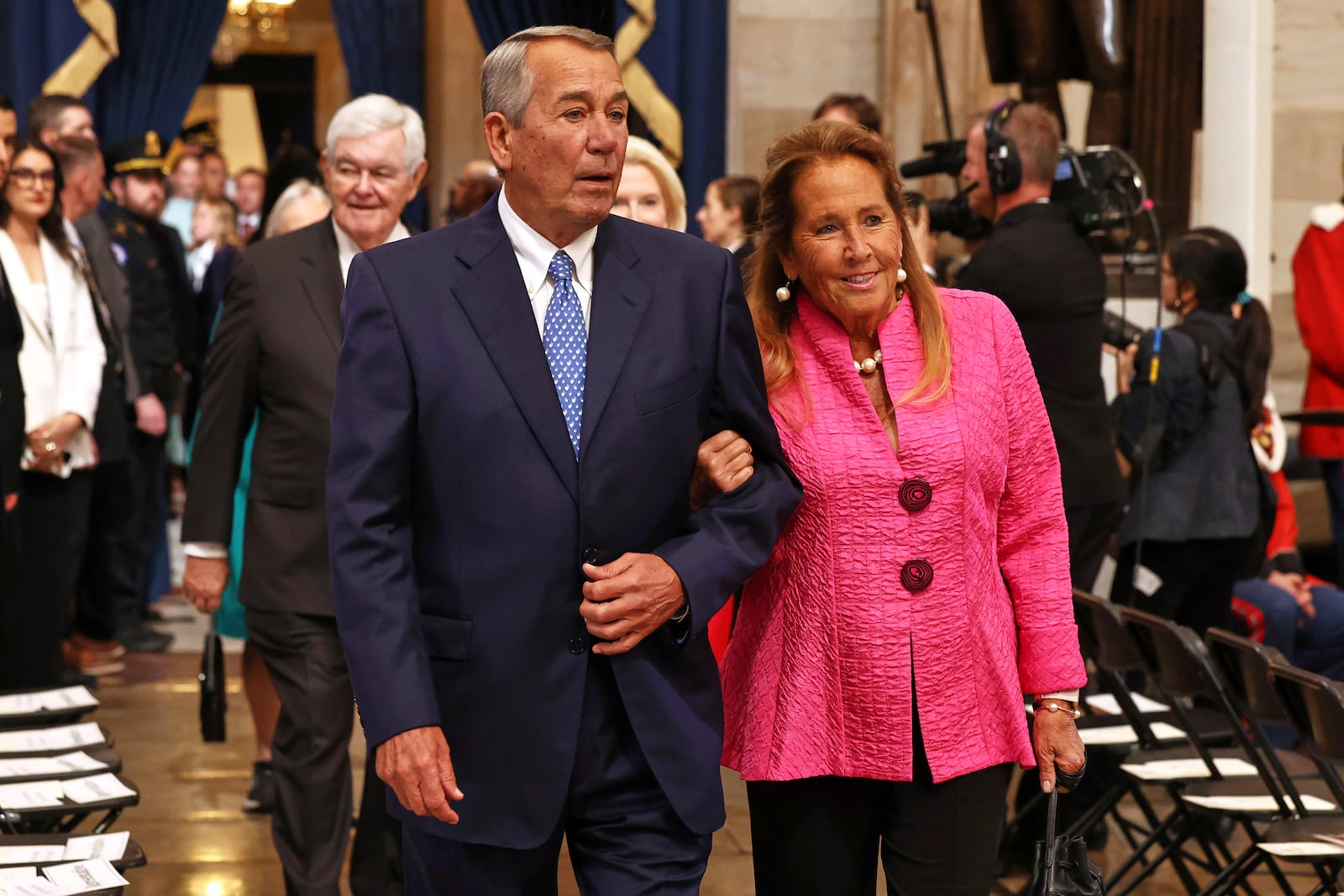 Former Speaker of the House John Boehner, left, and his wife Debbie Boehner arrive together before the 60th Presidential Inauguration in the Rotunda of the U.S. Capitol in Washington, Monday, Jan. 20, 2025. (Chip Somodevilla/Pool Photo via AP)