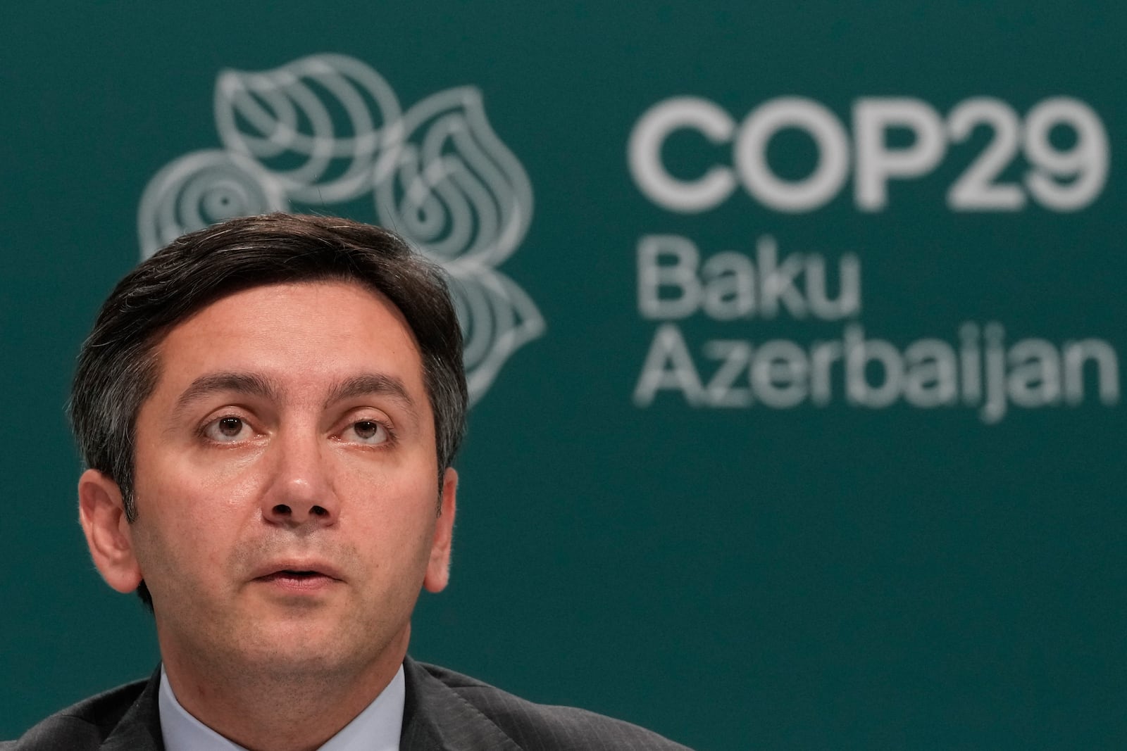 Yalchin Rafiyev, Azerbaijan's COP29 lead negotiator, speaks during a news conference at the COP29 U.N. Climate Summit, Friday, Nov. 15, 2024, in Baku, Azerbaijan. (AP Photo/Rafiq Maqbool)