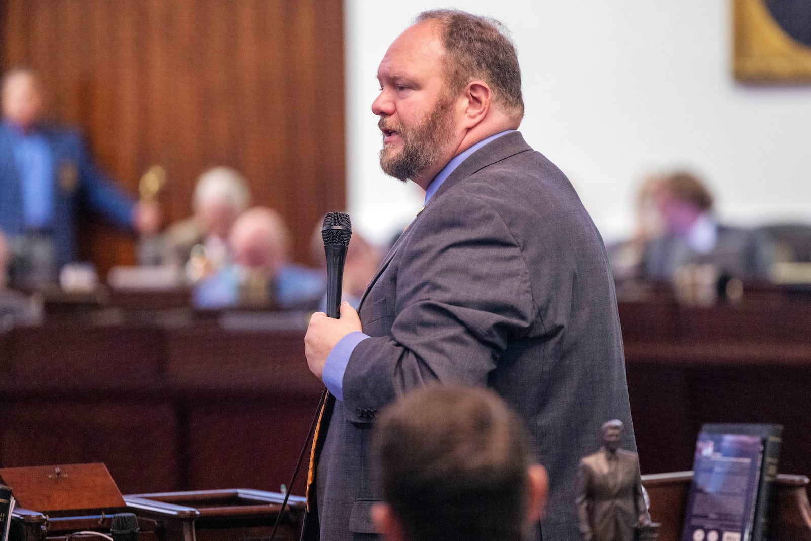 State Sen. Ralph Hise, a Republican who represents nine counties in Western North Carolina, calls on the Federal Government for more financial assistance as the chamber debates SB 743, a relief package for Western North Carolina in the wake of Hurricane Helene, Thursday, Oct. 24, 2024, at the General Assembly in Raleigh, N.C. (Robert Willett/The News & Observer via AP)