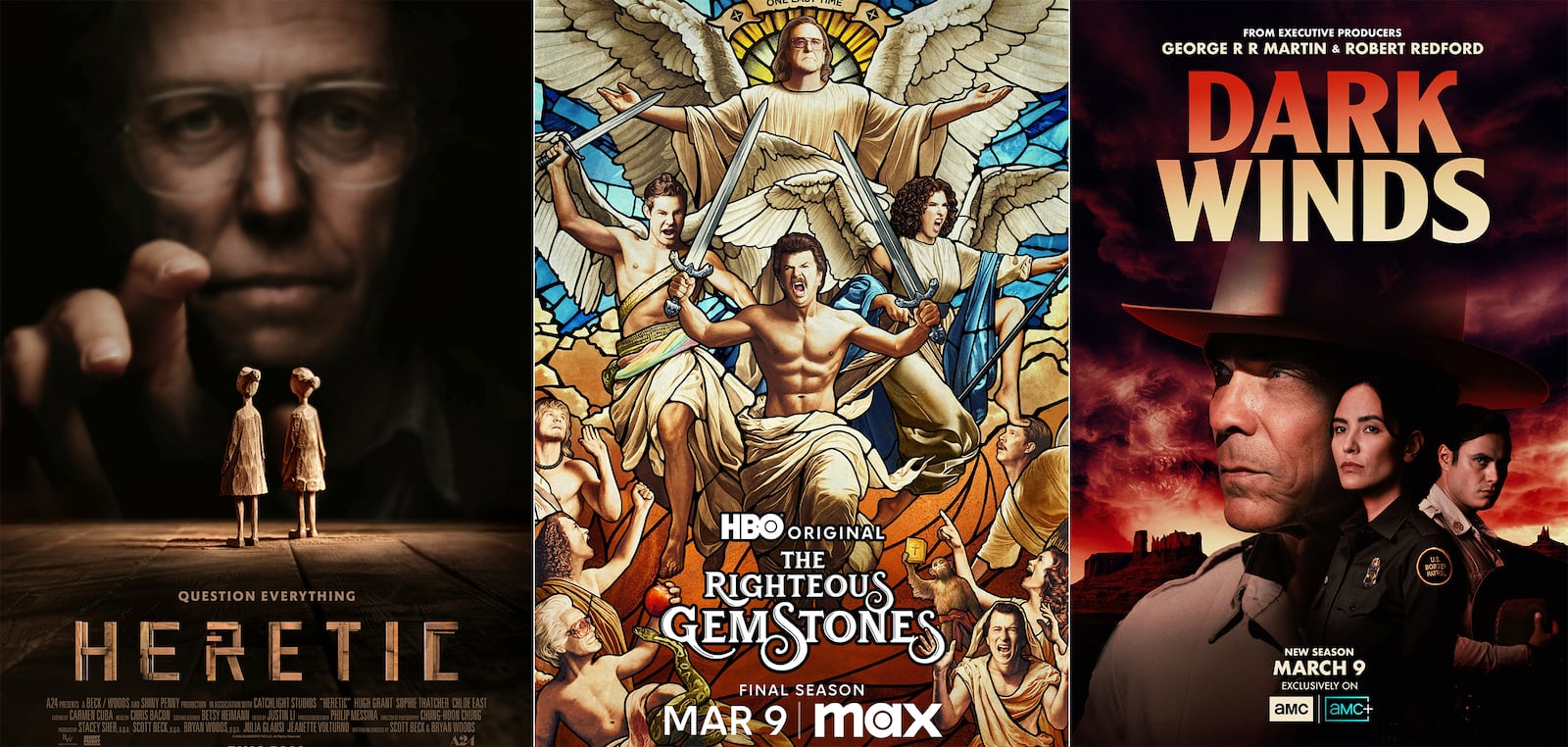 This combination of images shows promotional art for the film "Heretic," from left, the comedy series "The Righteous Gemstones," and the series "Dark Wind."(A24/Max/AMC via AP)