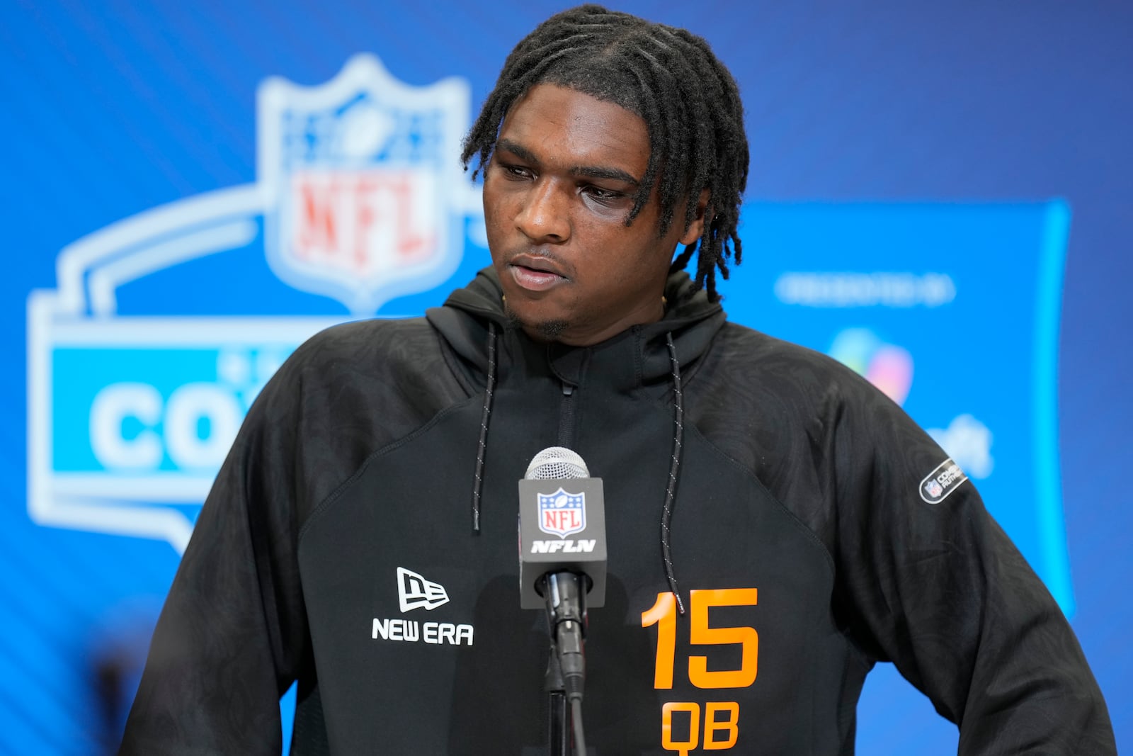 Miami quarterback Cam Ward speaks during a press conference at the NFL football scouting combine Friday, Feb. 28, 2025, in Indianapolis. (AP Photo/George Walker IV)