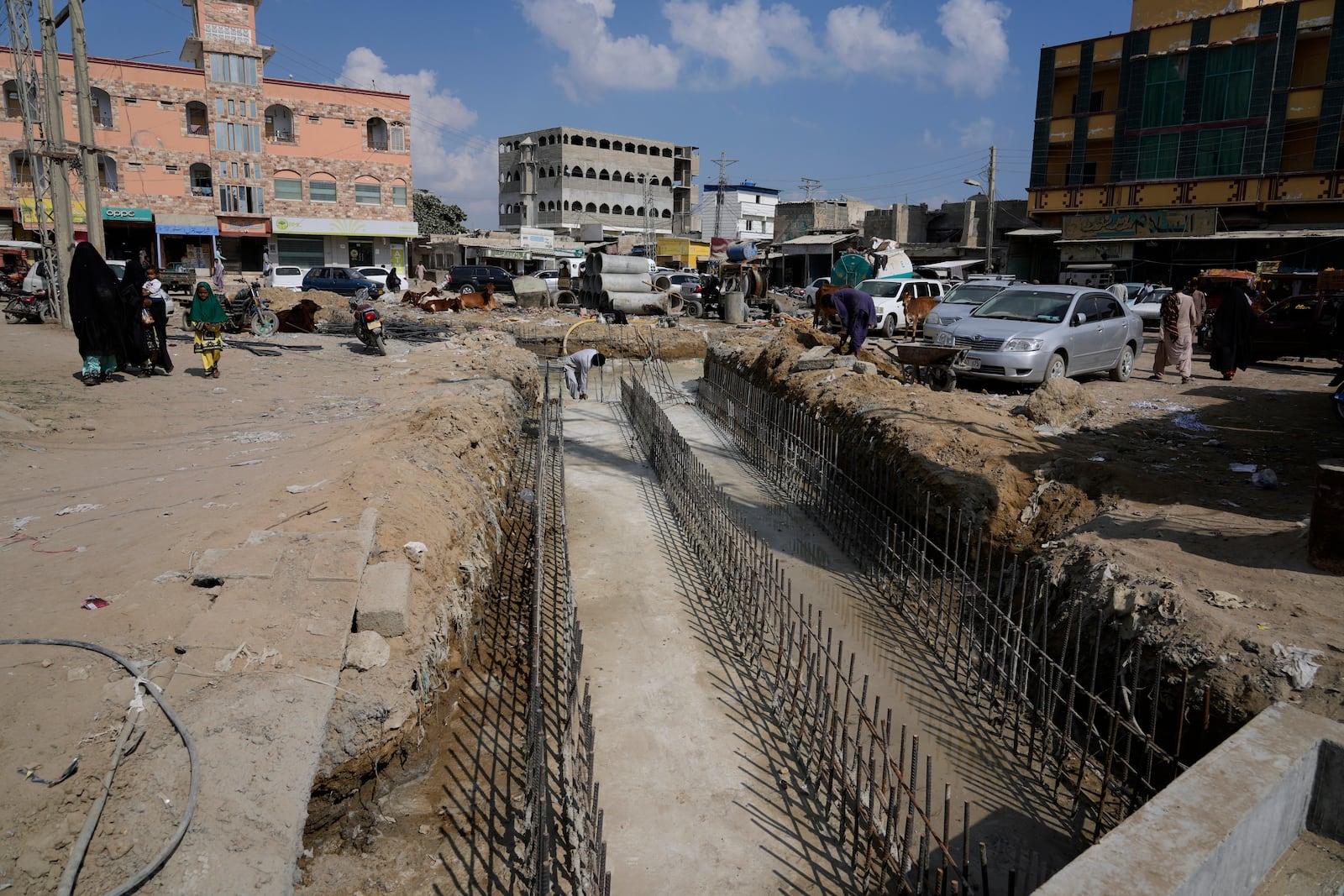 A laborer works at the construction site of a drainage system by the local government in the downtown of Gwadar, Pakistan, Monday, Jan. 13, 2025. (AP Photo/Anjum Naveed)