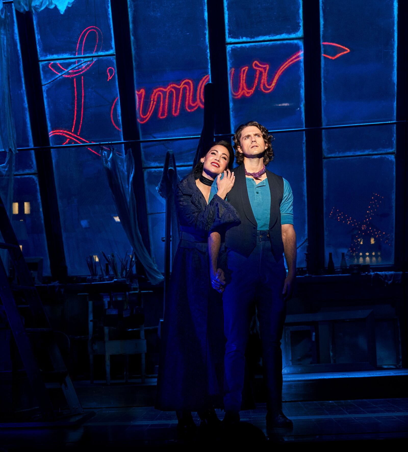 Natalie Mendoza as Satine and Aaron Tveit as Christian in "Moulin Rouge! The Musical."