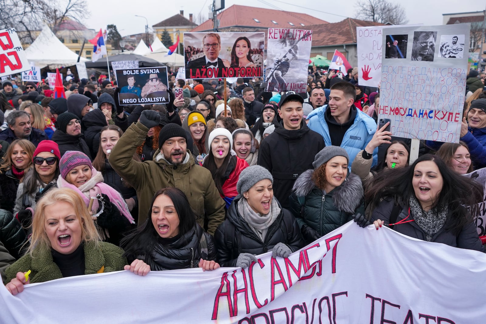 People attend a protest triggered after a concrete canopy on a railway station in the northern city of Novi Sad collapsed on Nov. 1, 2024 killed 15 people, in Kragujevac, Serbia, Saturday, Feb. 15, 2025. (AP Photo/Darko Vojinovic)