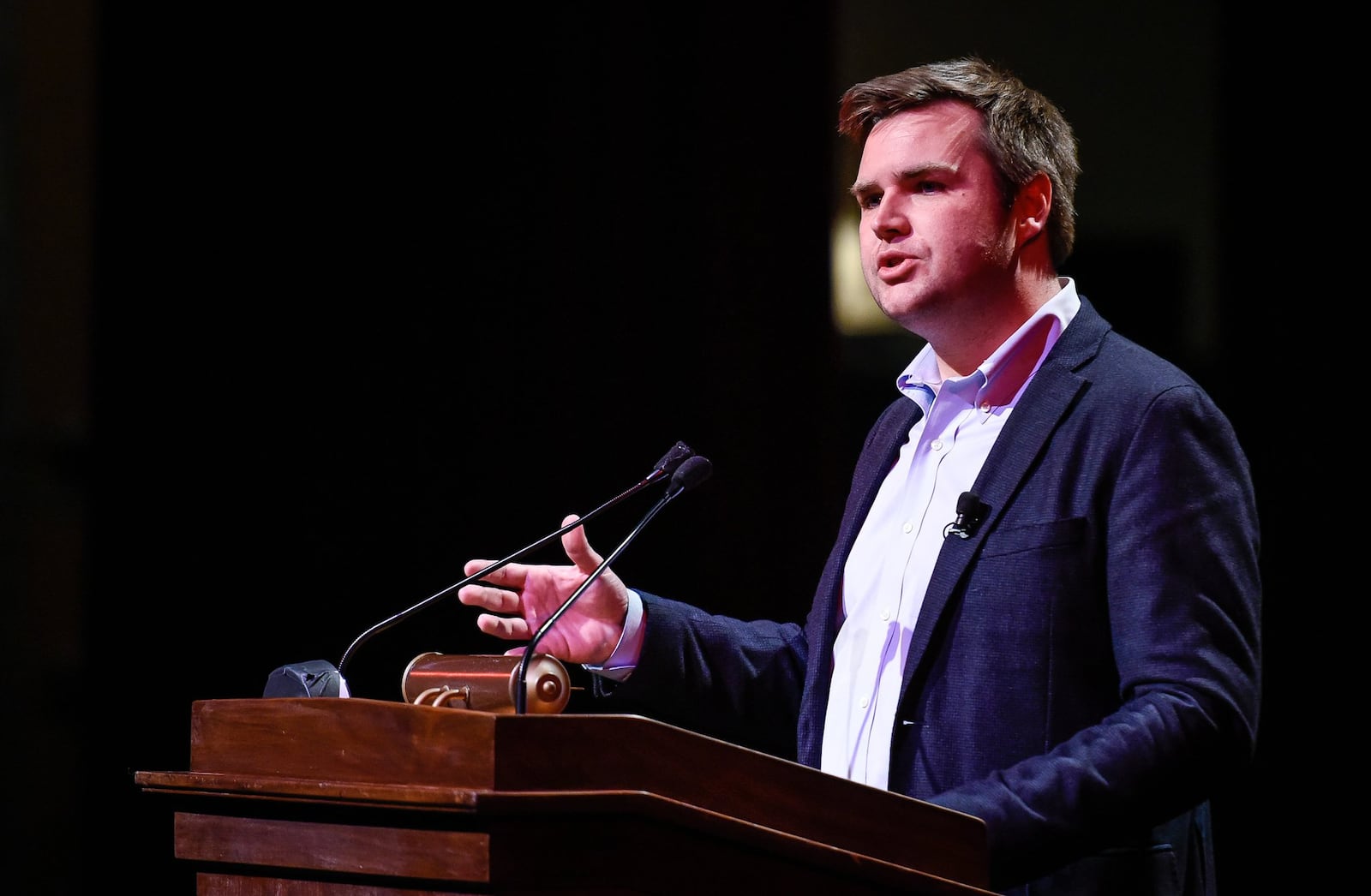 J.D. Vance, author of the best-selling book “Hillbilly Elegy: A Memoir of a Family and Culture in Crisis” and a Middletown native, speaks to the crowd during the 2017 Alex & Lena Casper Memorial Lecture on March 9 at Dave Finkelman Auditorium at Miami University Middletown. NICK GRAHAM/STAFF