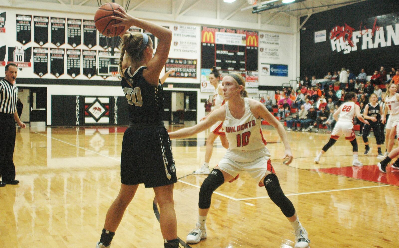 Franklin’s Jordan Rogers defends Valley View’s Chloe Smith during Monday night’s game at Darrell Hedric Gym in Franklin. The host Wildcats won 55-45. RICK CASSANO/STAFF