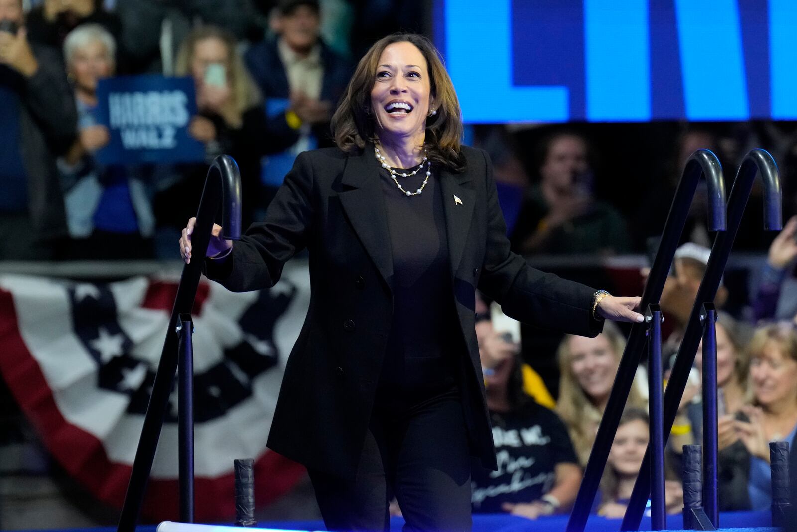 Democratic presidential nominee Vice President Kamala Harris arrives to speak during a campaign rally at Erie Insurance Arena, in Erie, Pa., Monday, Oct. 14, 2024. (AP Photo/Jacquelyn Martin)