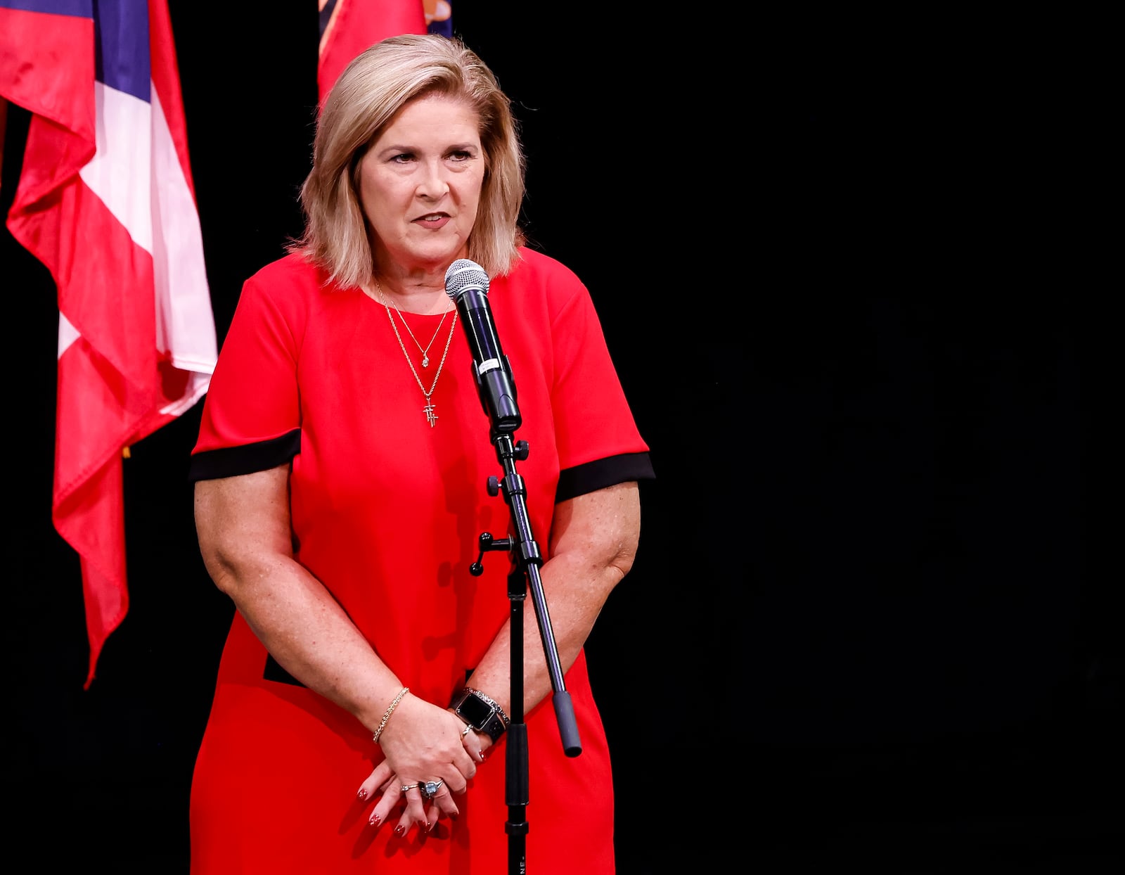 Gwen Brill speaks to the crowd after being sworn in as new Fairfield city council member during a ceremony Monday, Dec. 27, 2021 at the Fairfield Community Arts Center. NICK GRAHAM / STAFF