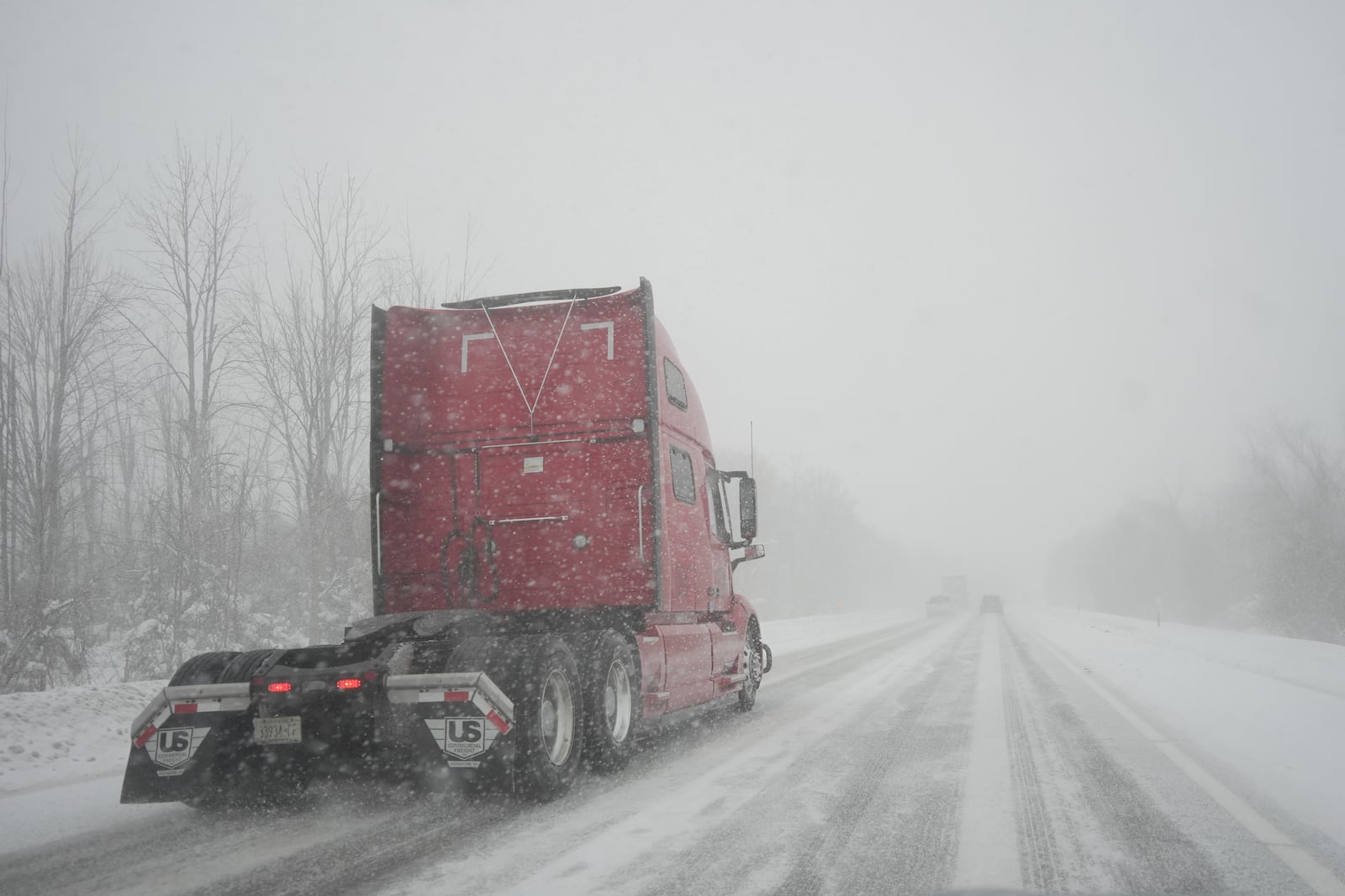 A truck travels on interstate 90 near New York-Pennsylvania border in Ripley, N.Y., Monday, Dec 2, 2024. (AP Photo/Gene J. Puskar)