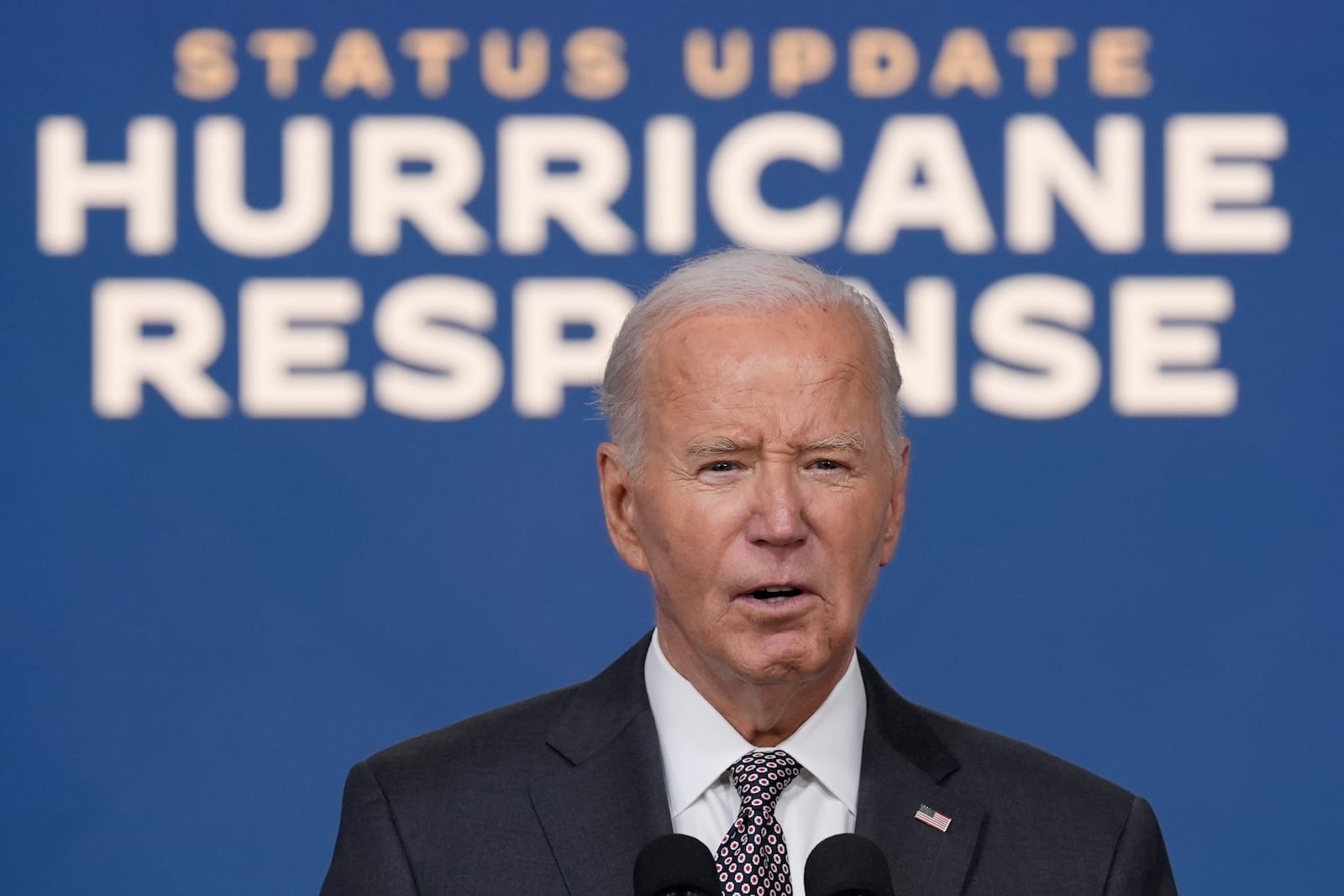 President Joe Biden speaks and gives an update on the impact and the ongoing response to Hurricane Milton, in the South Court Auditorium on the White House complex in Washington, Thursday, Oct. 10, 2024. (AP Photo/Susan Walsh)