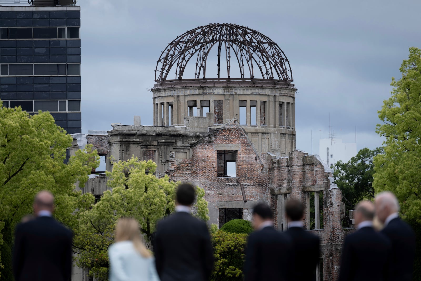 FILE - Leaders of the Group of Seven nations' meetings walk before the Atomic Bomb Dome during a visit to the Peace Memorial Park as part of the G7 Leaders' Summit in Hiroshima, western Japan Friday, May 19, 2023. (Brendan Smialowski/Pool Photo via AP, File)