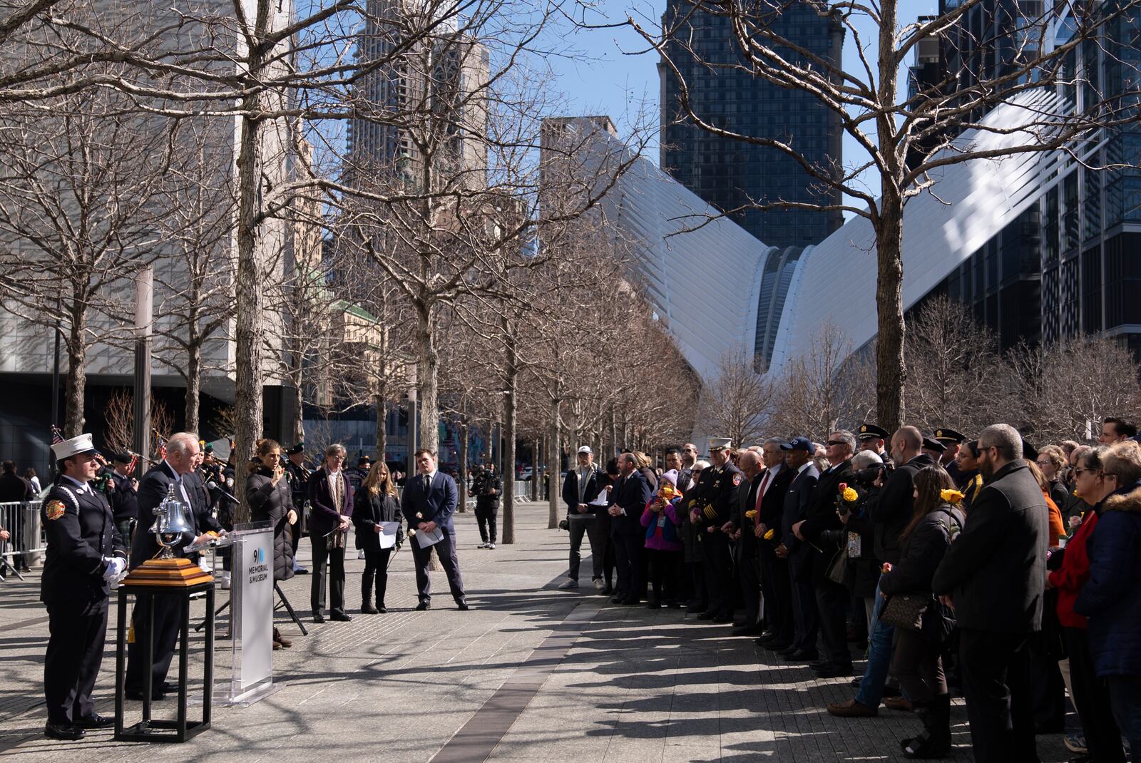 Mourners and dignitaries gather during a ceremony marking the anniversary of the 1993 World Trade Center bombing at the 9/11 Memorial, Wednesday, Feb. 26, 2025, in New York. (AP Photo/John Minchillo)