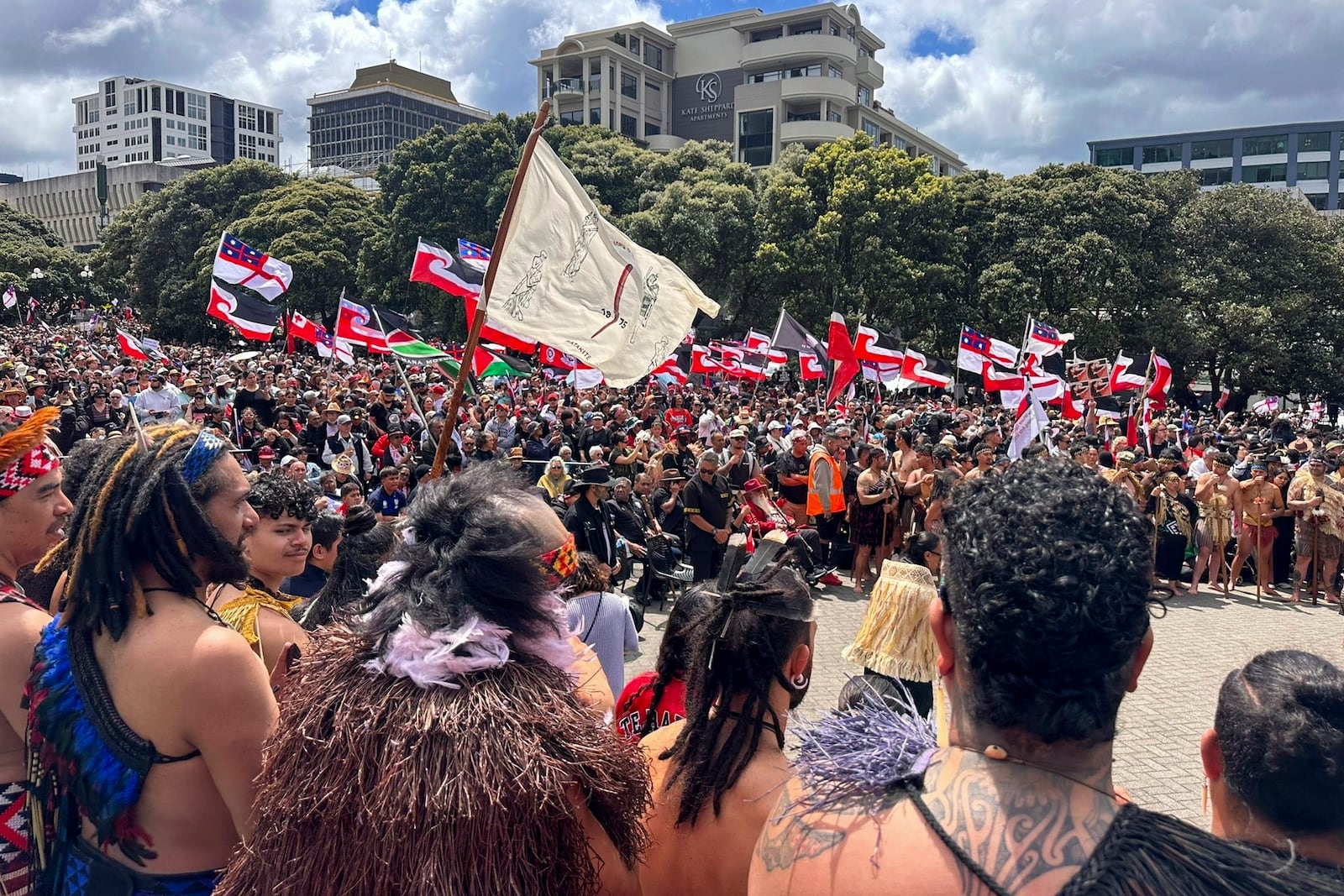 Indigenous Māori gather outside Parliament in Wellington, New Zealand, Tuesday, Nov. 19, 2024. (AP Photo/Mark Tantrum)