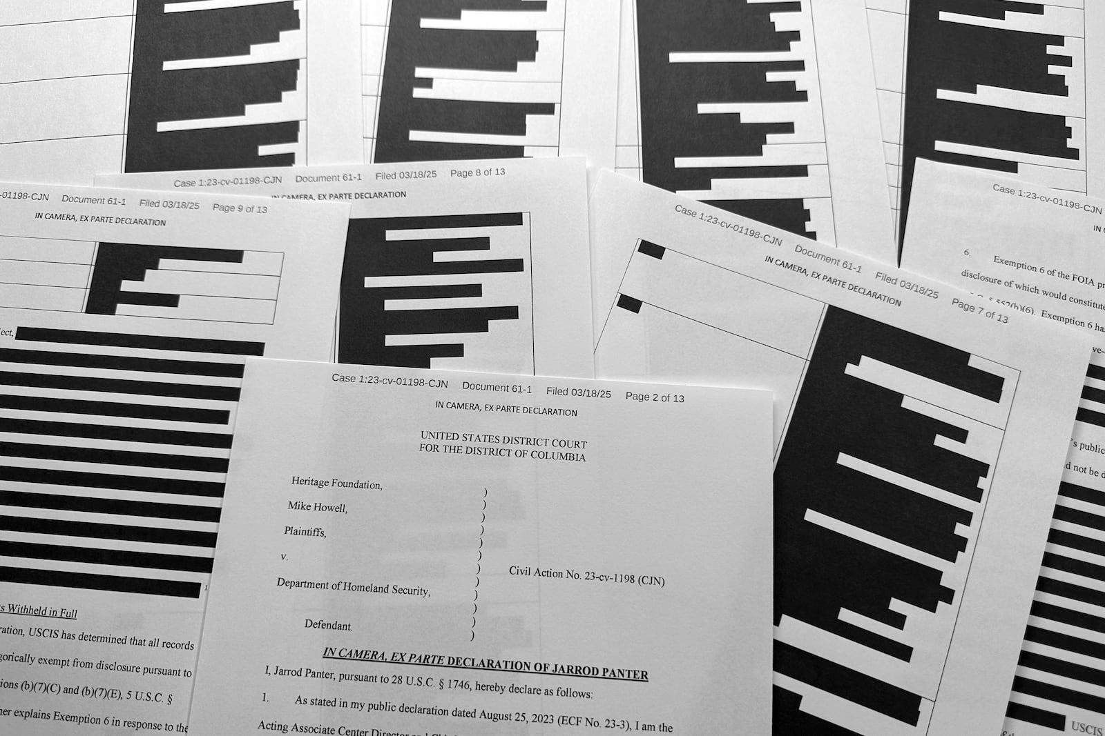 A heavily redacted declaration by Jarrod Panter is photographed Tuesday, March 18, 2025, as newly released court documents shed no fresh light on the circumstances under which Prince Harry entered the United States. (AP Photo/Jon Elswick)