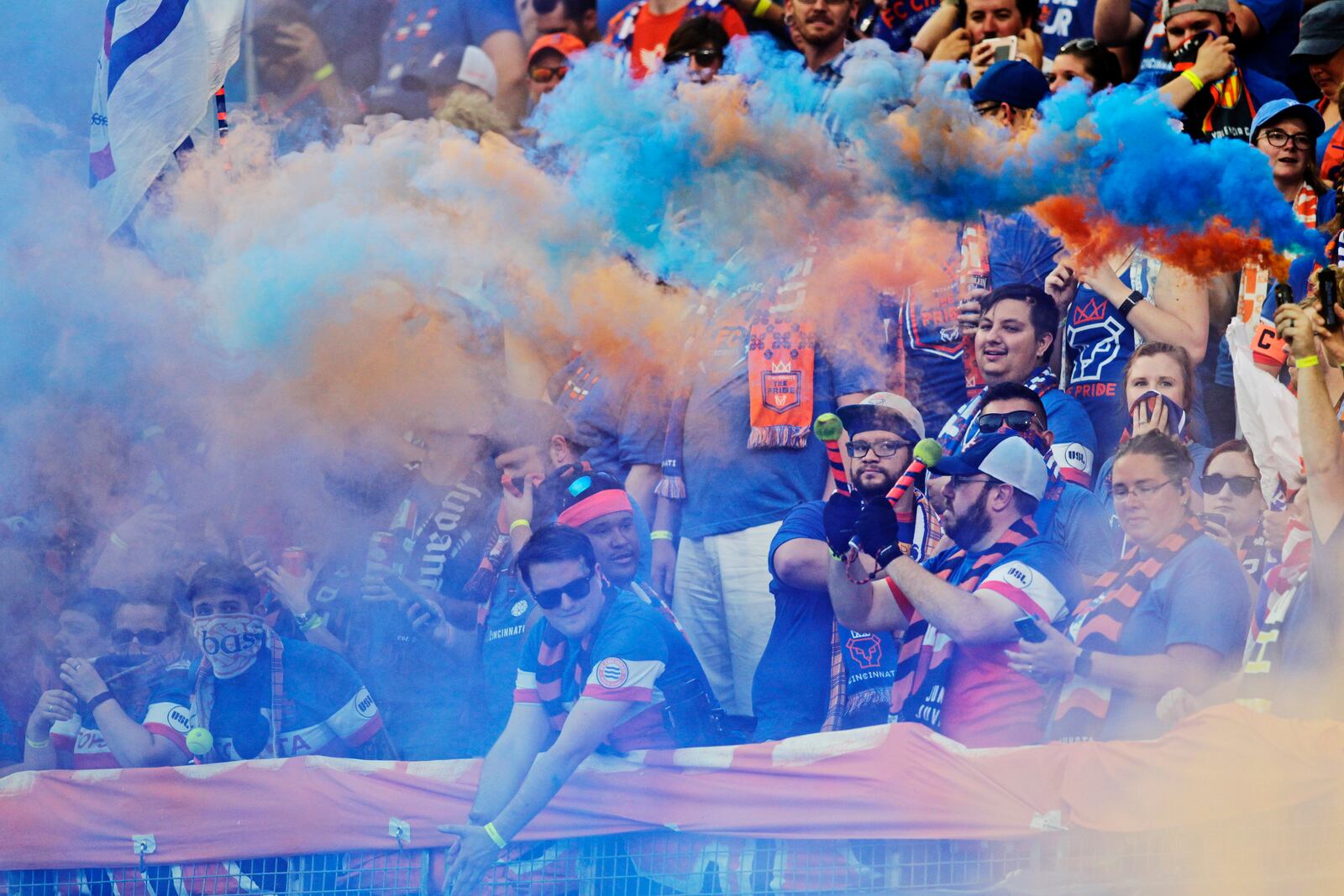 FC Cincinnati fans in the Bailey cheer on their team during their 2017 Lamar Hunt U.S. Open Cup semifinal game against New York Red Bulls Tuesday, Aug. 15, 2017 at Nippert Stadium on the University of Cincinnati Campus in Cincinnati. NICK GRAHAM/STAFF