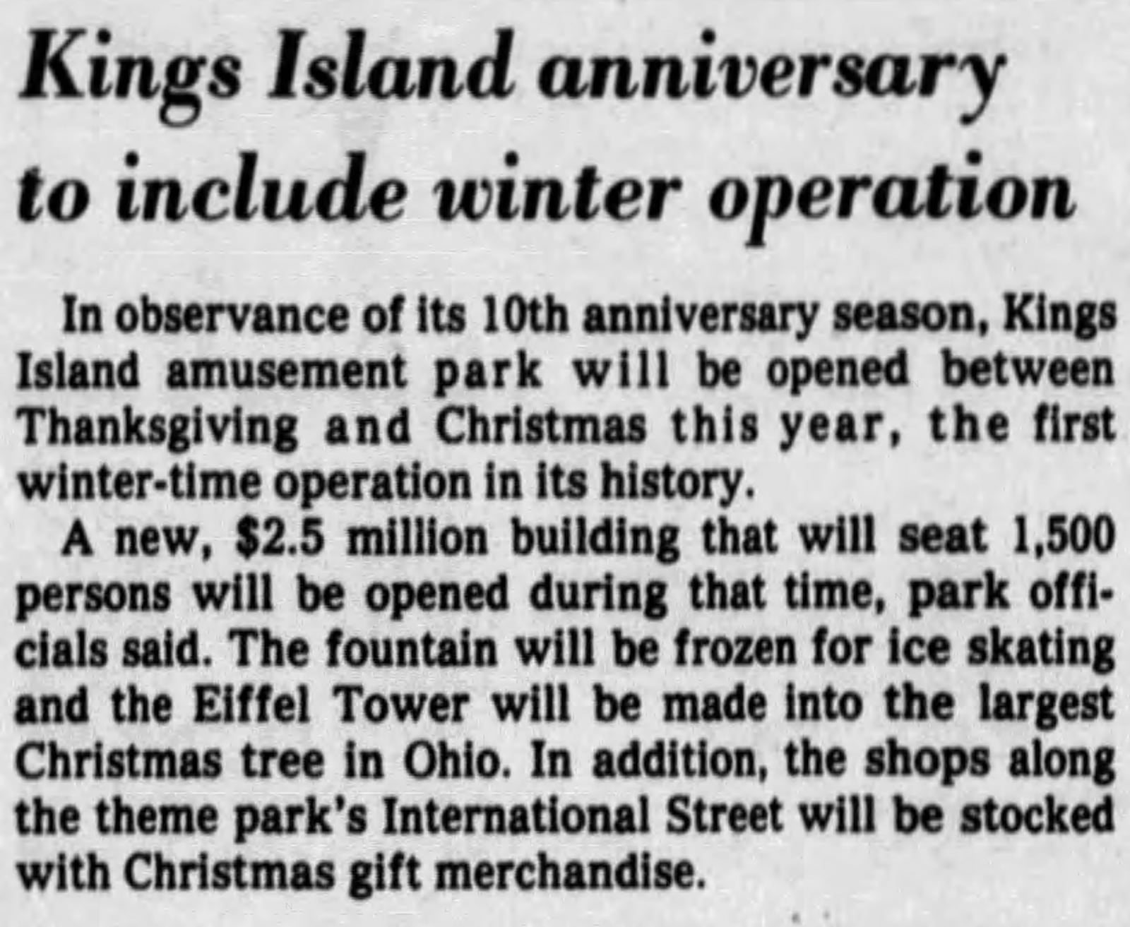 An April 1982 edition of the Dayton Daily News announcing Kings Island Winterfest attraction