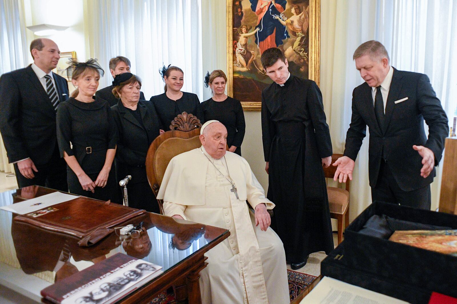 Pope Francis meets with Czech Republic's Prime Minister Robert Fico, right, and his entourage at The Vatican Friday, Feb. 14, 2025. (Vatican Media via AP, HO)