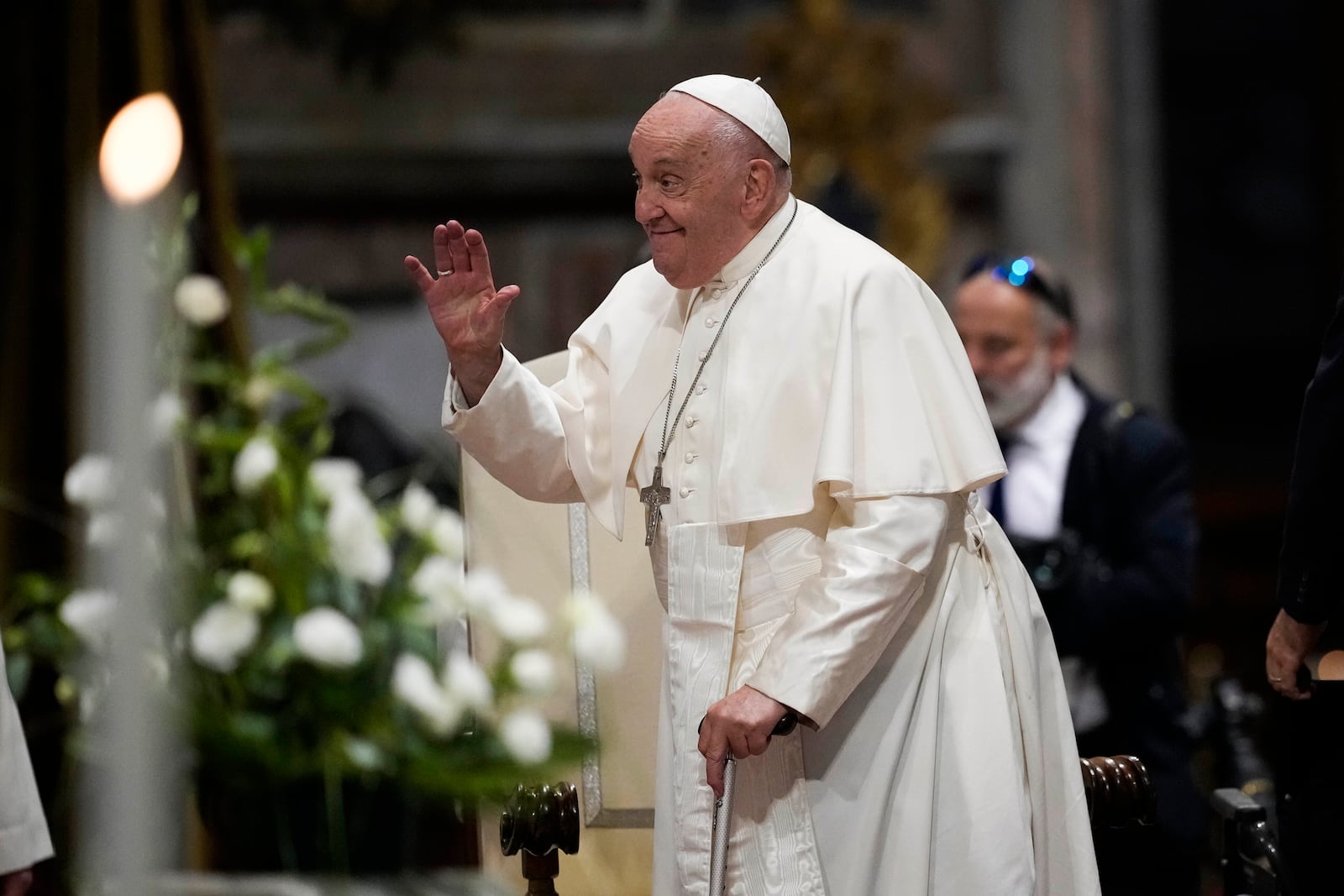 FILE - Pope Francis waves as he arrives for a meeting with diocesan community in the Basilica of St. John Lateran, in Rome, Friday, Oct. 25, 2024. (AP Photo/Alessandra Tarantino, File)