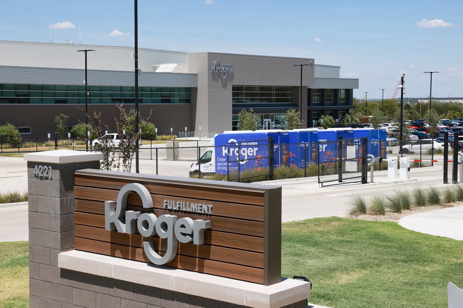 FILE - The exterior of Kroger's fulfillment center is shown on July 27, 2022 in Dallas, Tex. (Rebecca Slezak/The Dallas Morning News via AP, File)