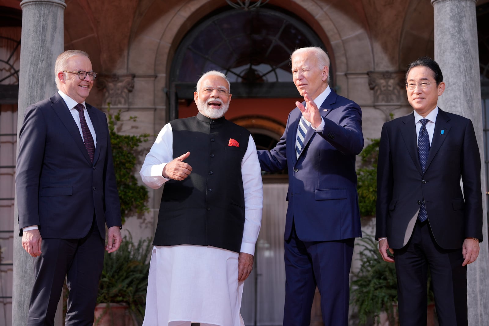 President Joe Biden greets from left, Australia's Prime Minister Anthony Albanese, India's Prime Minister Narendra Modi and Japan's Prime Minister Fumio Kishida, at the Quad leaders summit at Archmere Academy in Claymont, Del., Sept. 21, 2024. (AP Photo/Mark Schiefelbein, File)