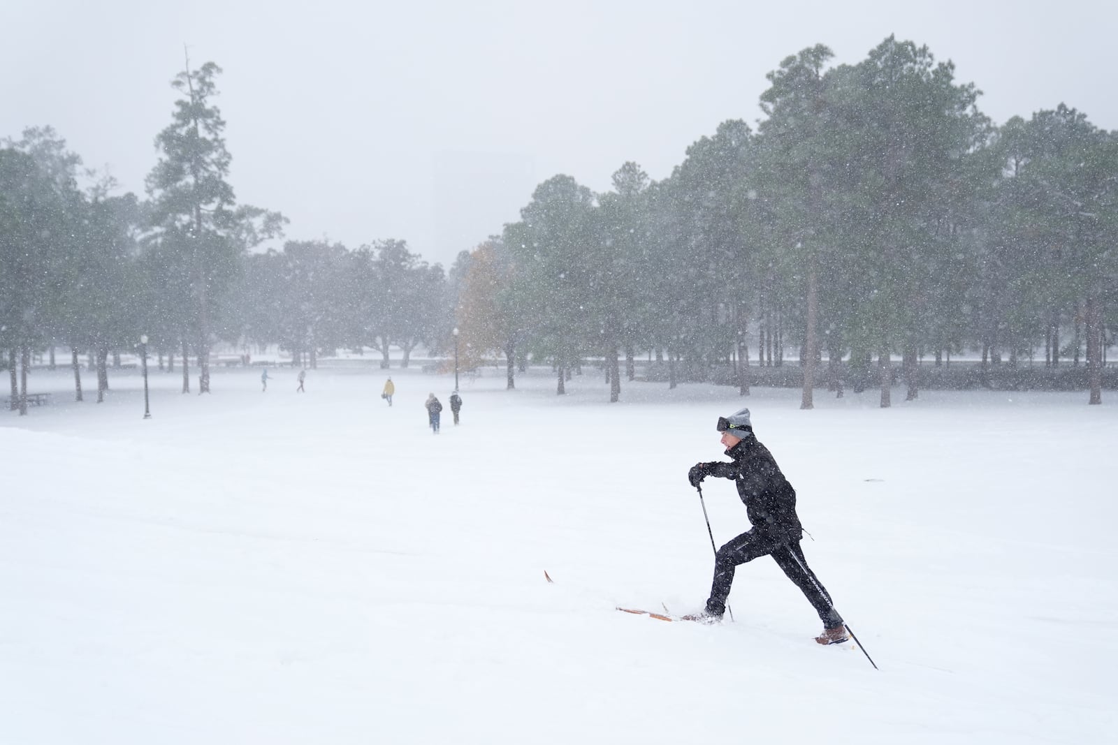 A person uses cross-country skis as he walks through a snow covered hill at Herman Park Tuesday, Jan. 21, 2025, in Houston. (AP Photo/Ashley Landis)