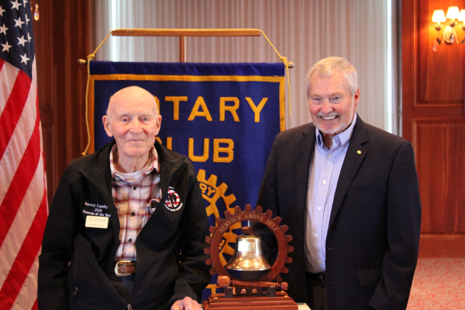 Barney Landry, USAF, left, spoke to Hamilton Rotary about his five missions through atomic and nuclear bomb clouds to collect specimen for research. He is one of the gentlemen leading the charge for the Fairfield Twp. Veterans Memorial. Also pictured is Dr. Fred Valerius. CONTRIBTUED