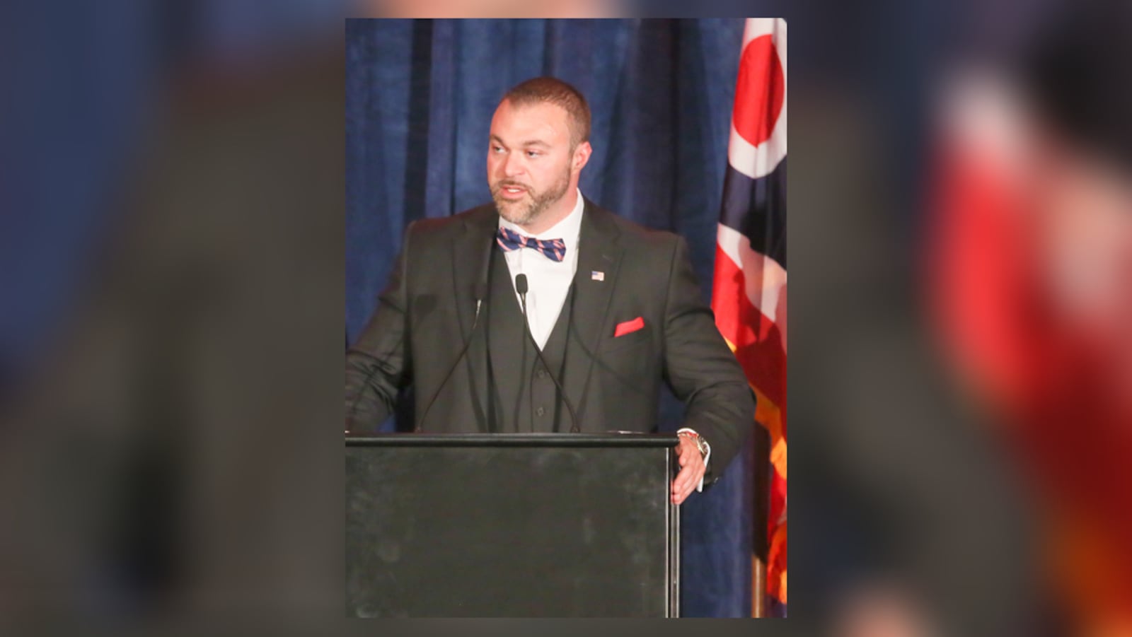 Todd Hall, Executive Chairman of the Butler County Republican Party, talks about his grandfather, Carlos Todd, during a tribute the former executive county GOP chairman who passed away in October 2015, during the Butler County Republican Party's annual Lincoln Day Dinner held at the Centre Park Event and Banquet Center in West Chester, Saturday, March 12. GREG LYNCH / STAFF