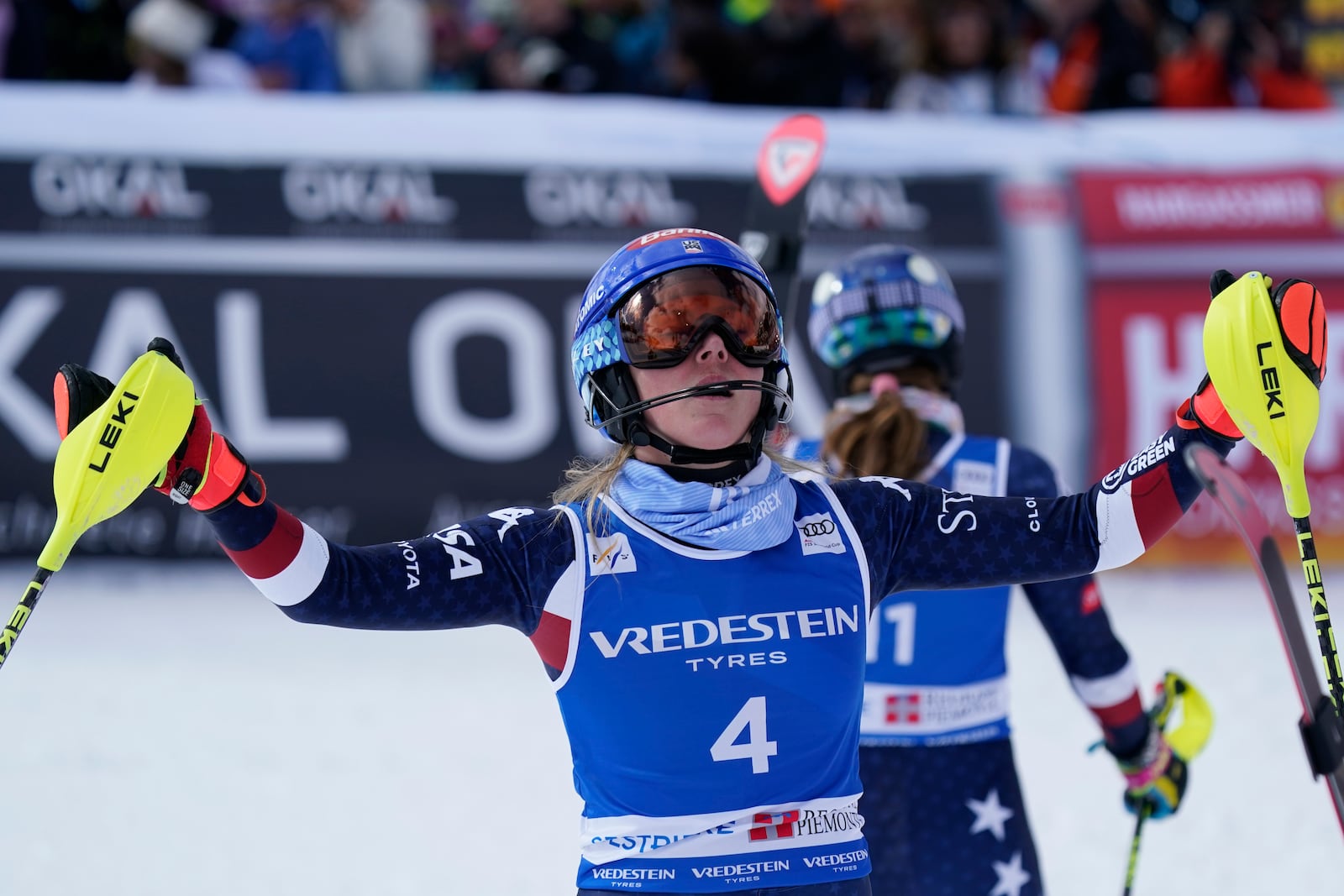 United States' Mikaela Shiffrin reacts after winning an alpine ski, women's World Cup slalom, in Sestriere, Italy, Sunday, Feb. 23, 2025. (AP Photo/Piermarco Tacca)