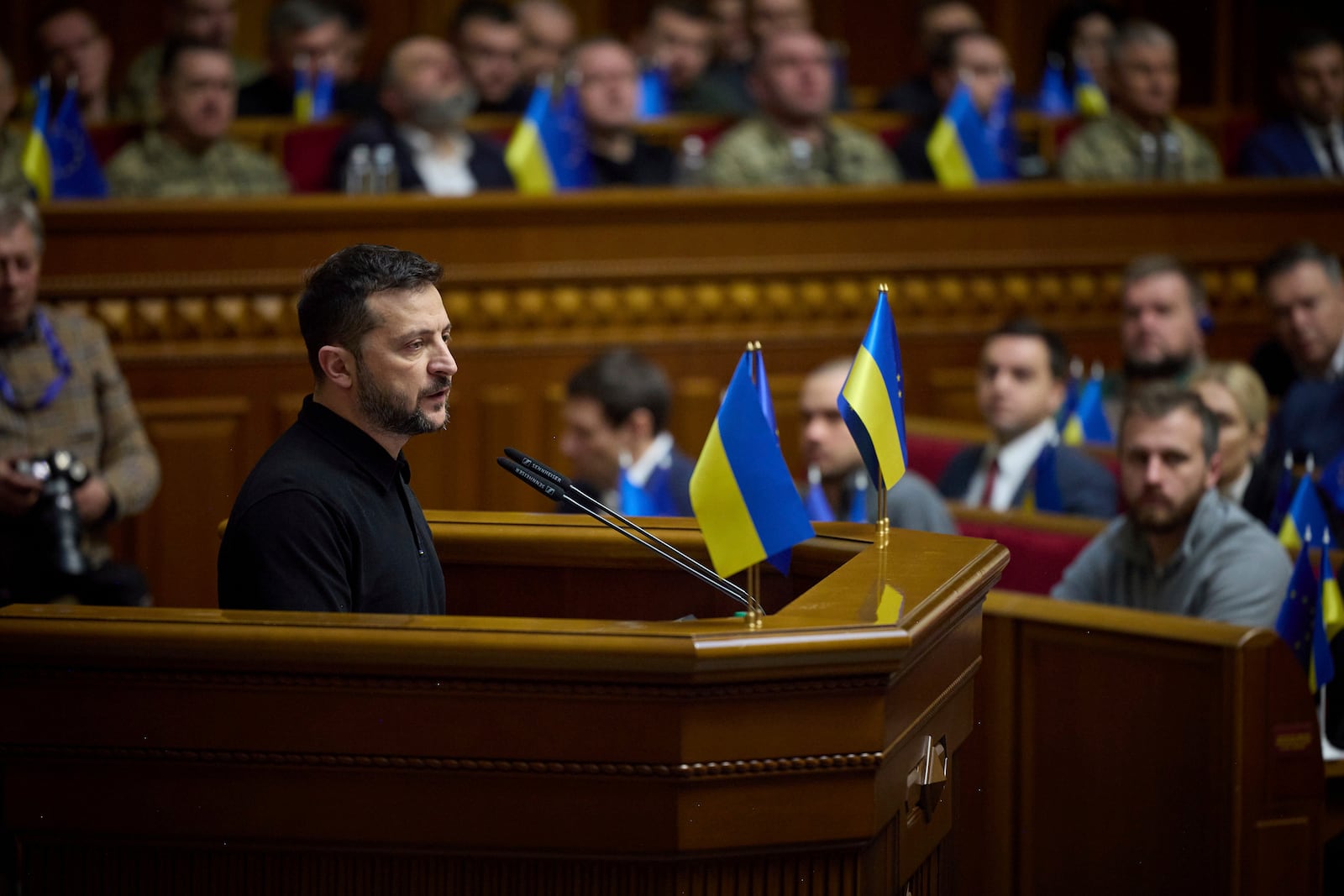 In this photo provided by the Press Service Of The President Of Ukraine on Oct. 16, 2024, Ukraine's President Volodymyr Zelenskyy speaks to parliamentarians at Verkhovna Rada in Kyiv, Ukraine. (Press Service Of The President Of Ukraine via AP)