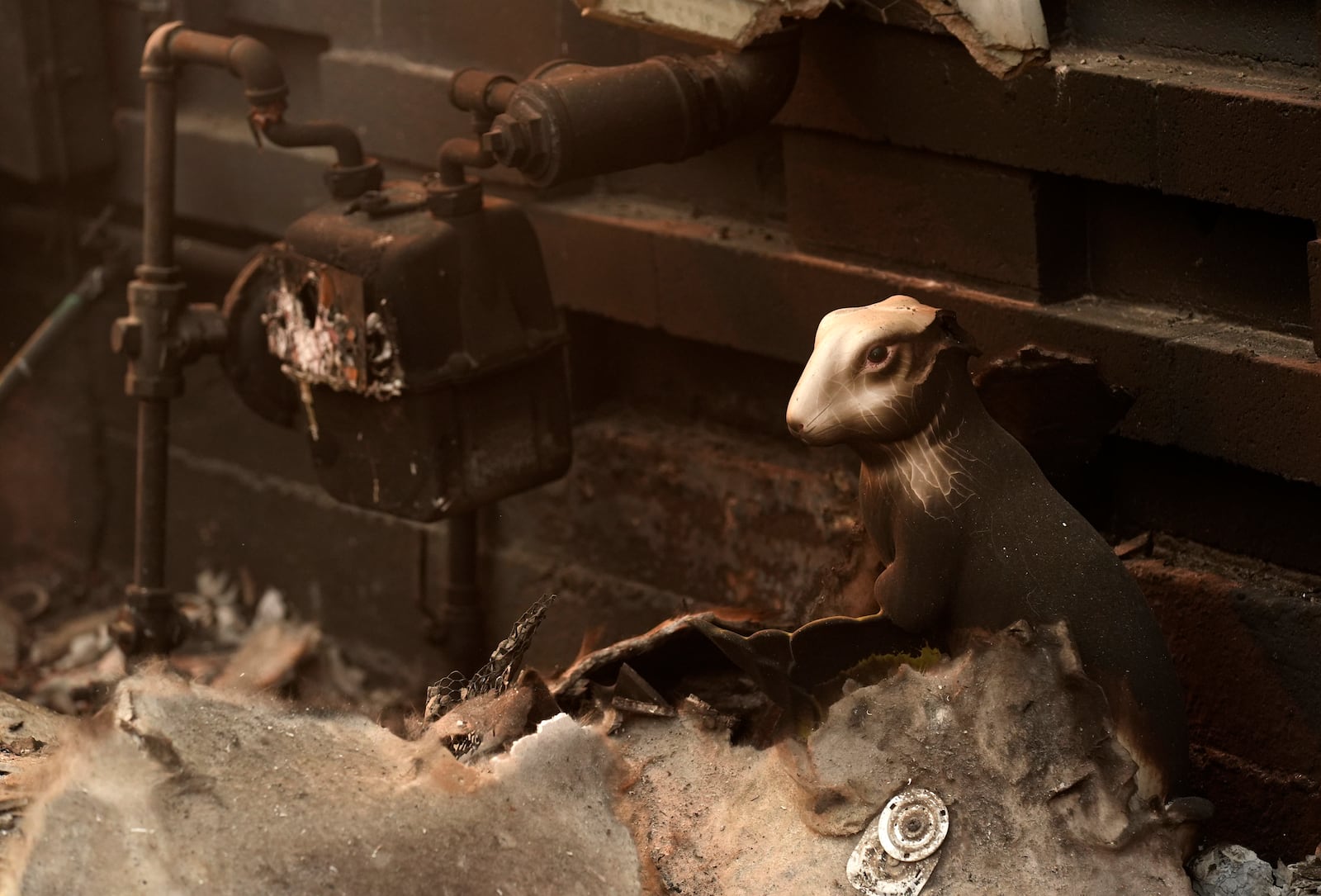 A charred bunny sculpture sits amidst debris at the destroyed Bunny Museum, Thursday, Jan. 9, 2025, in the Altadena section of Pasadena, Calif. (AP Photo/Chris Pizzello)