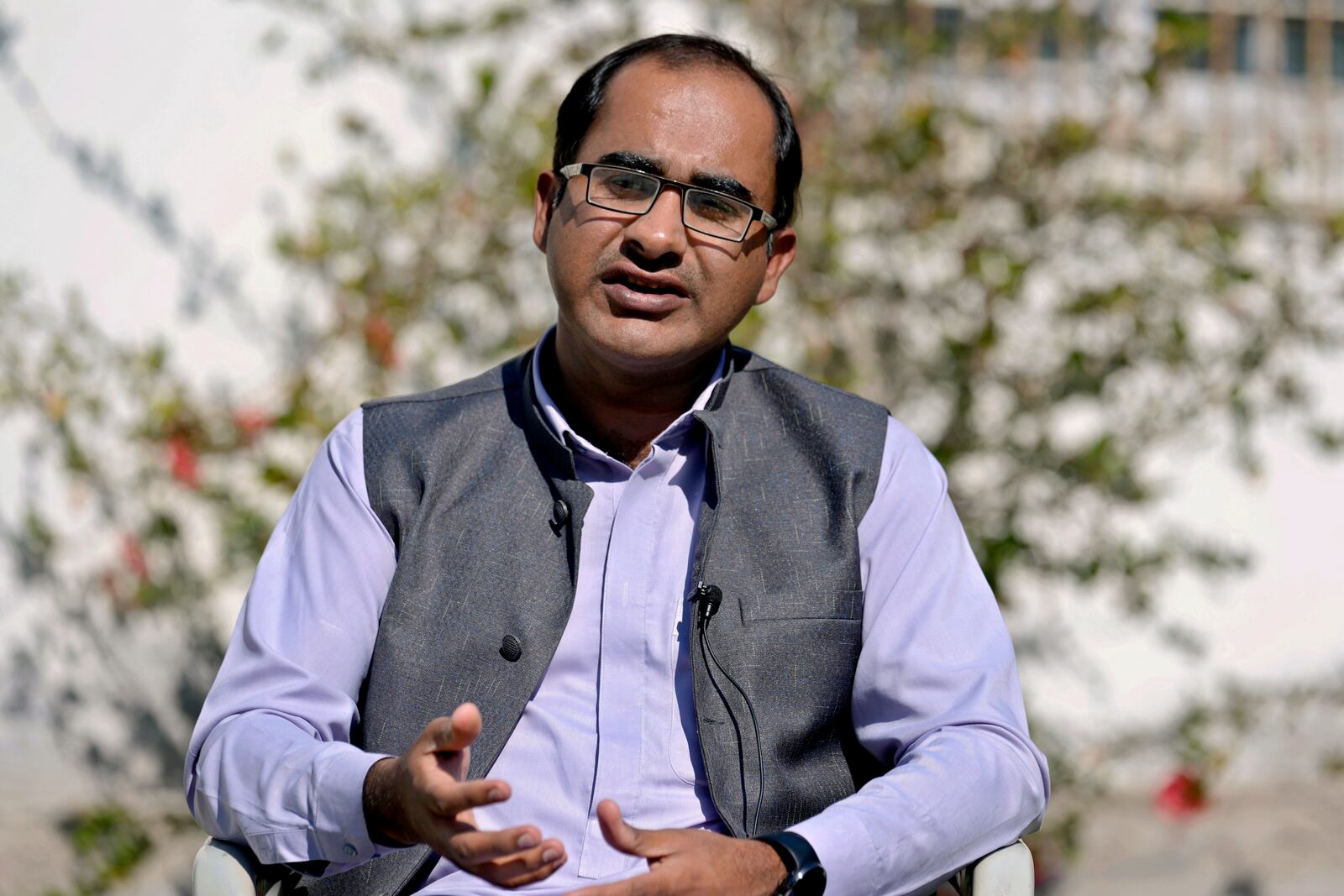 Hydrologist Pazeer Ahmed speaks during an interview with The Associated Press at an office of Climate Resilience Information Center, in Gwadar, Pakistan, Tuesday, Jan. 14, 2025. (AP Photo/Anjum Naveed)